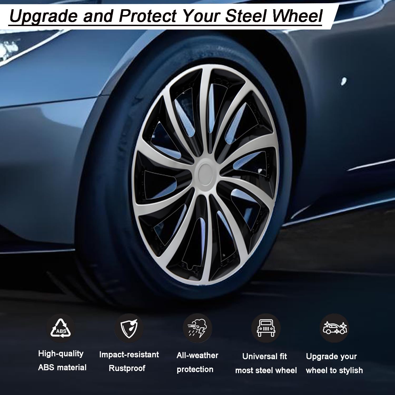 Thumbnail 4 de Hubcap Wheel Cover Replacement R16 – Universal Fit for 16" Steel Wheels (Set of 4, Silver-Black)
