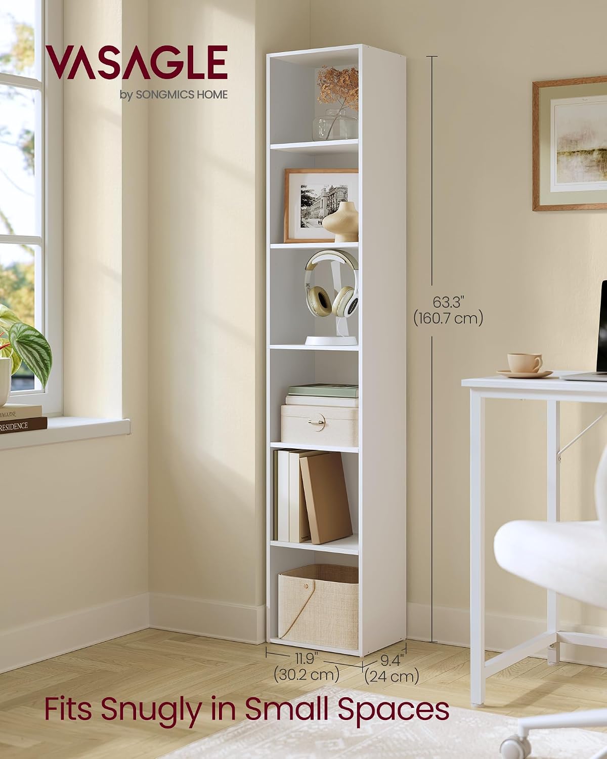 Detalle de VASAGLE LBC411W01 six-tier bookcase, Cloud White, adjustable shelves
