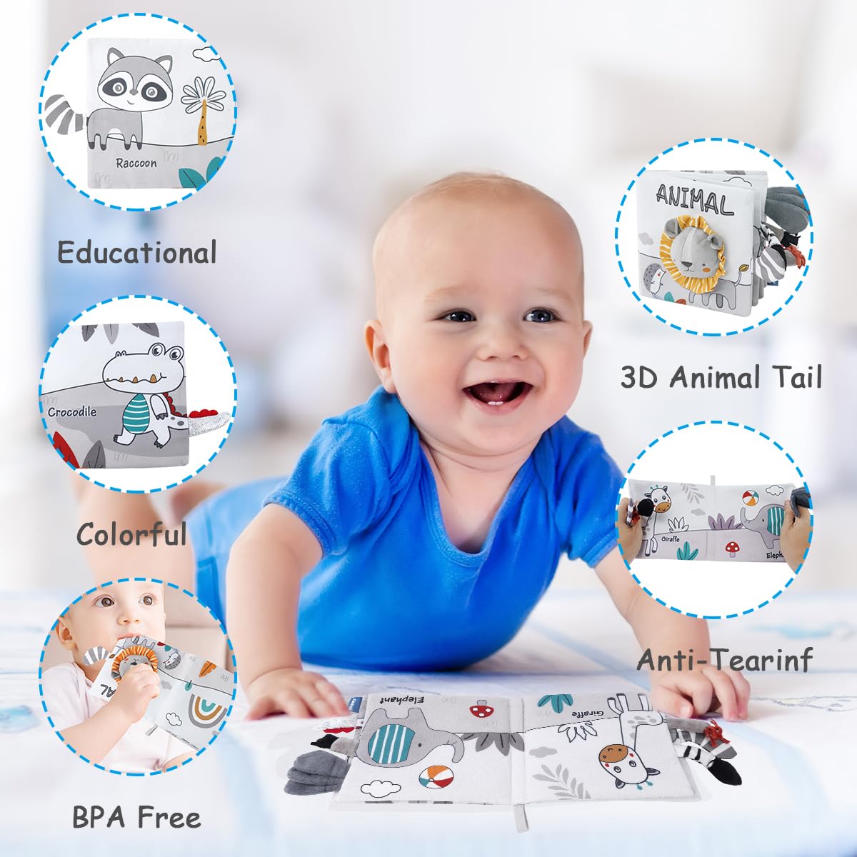 Detalle 2 de Vicloon Stoffbuch für Babys (Tier-Motive, Schwarz-Weiß) mit Griff – frühes Lern- und Wahrnehmungsspielzeug