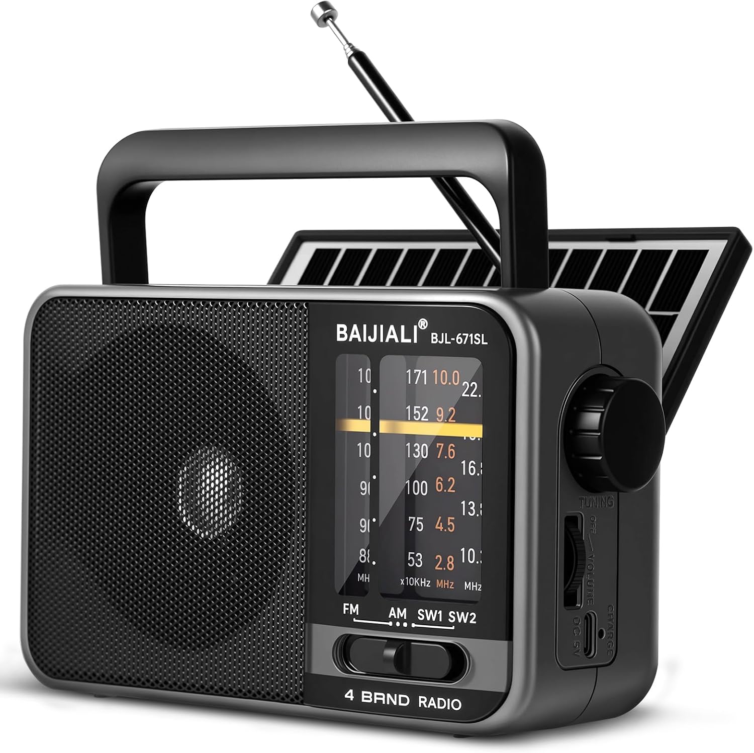 Detalle de BAIJIALI BJL-671SL Portable Radio with AM/FM/SW, Solar Charging and USB-C