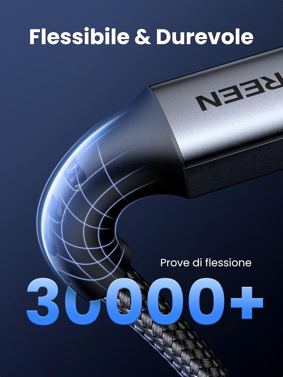 Detalle de UGREEN Zapix Cavo USB C 60W PD3.0 3A (0,5 m) — Nylon intrecciato, ricarica rapida e compatibilità estesa