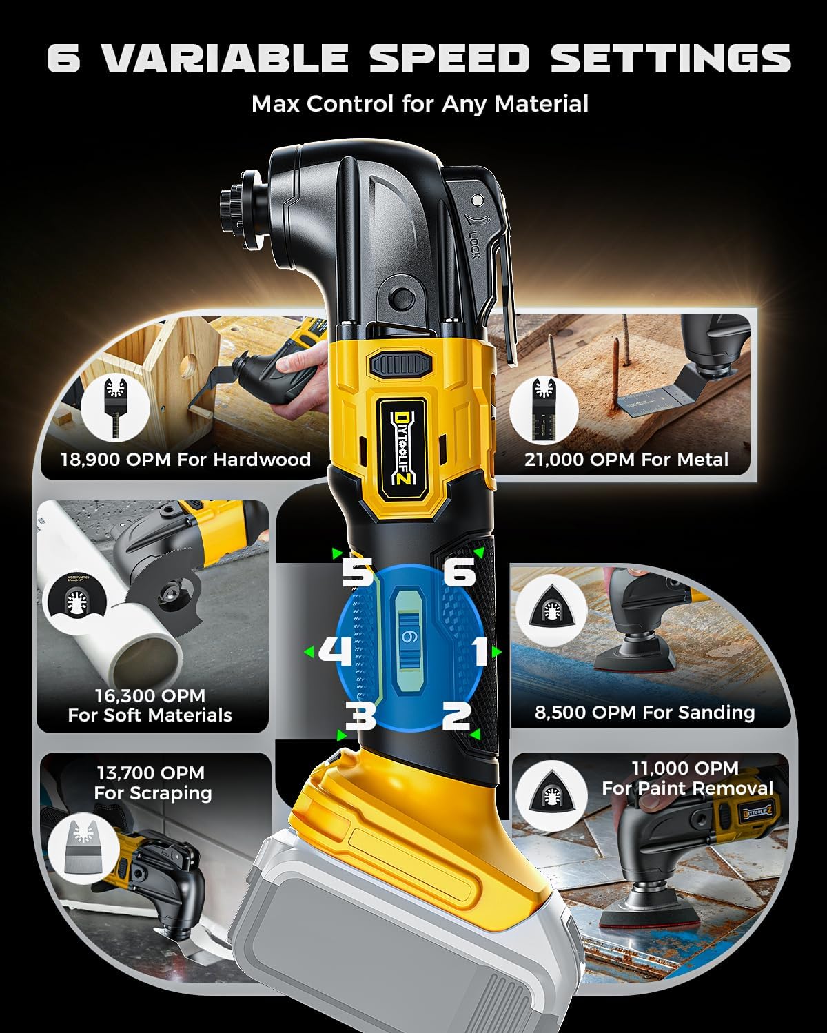 Detalle de DIYtoolifz Oscillating Tool Cordless Multi-Tool, 6 Speeds, Brushless Motor