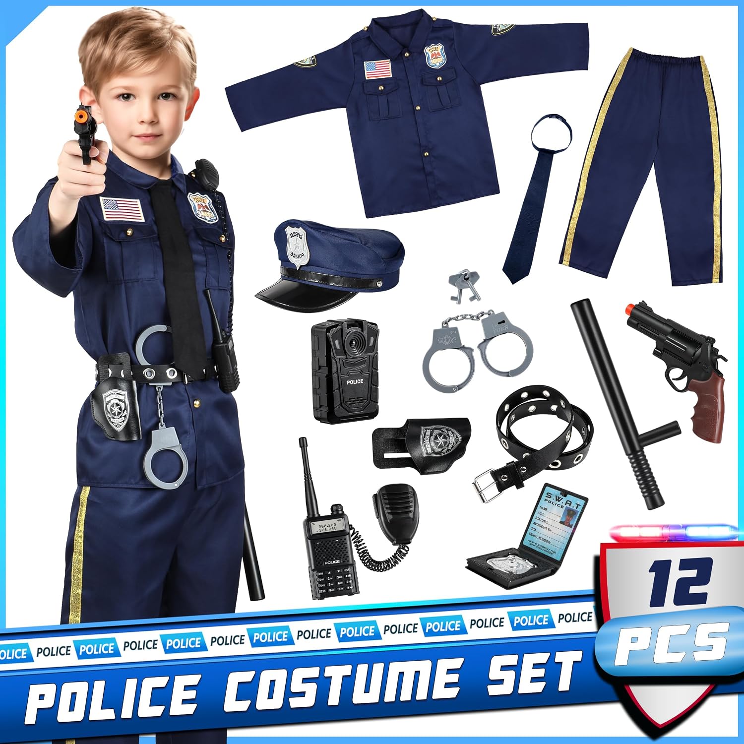 Detalle de Joycover Kids Police Officer Costume, Size S (4-5Y), Navy Blue with Accessories