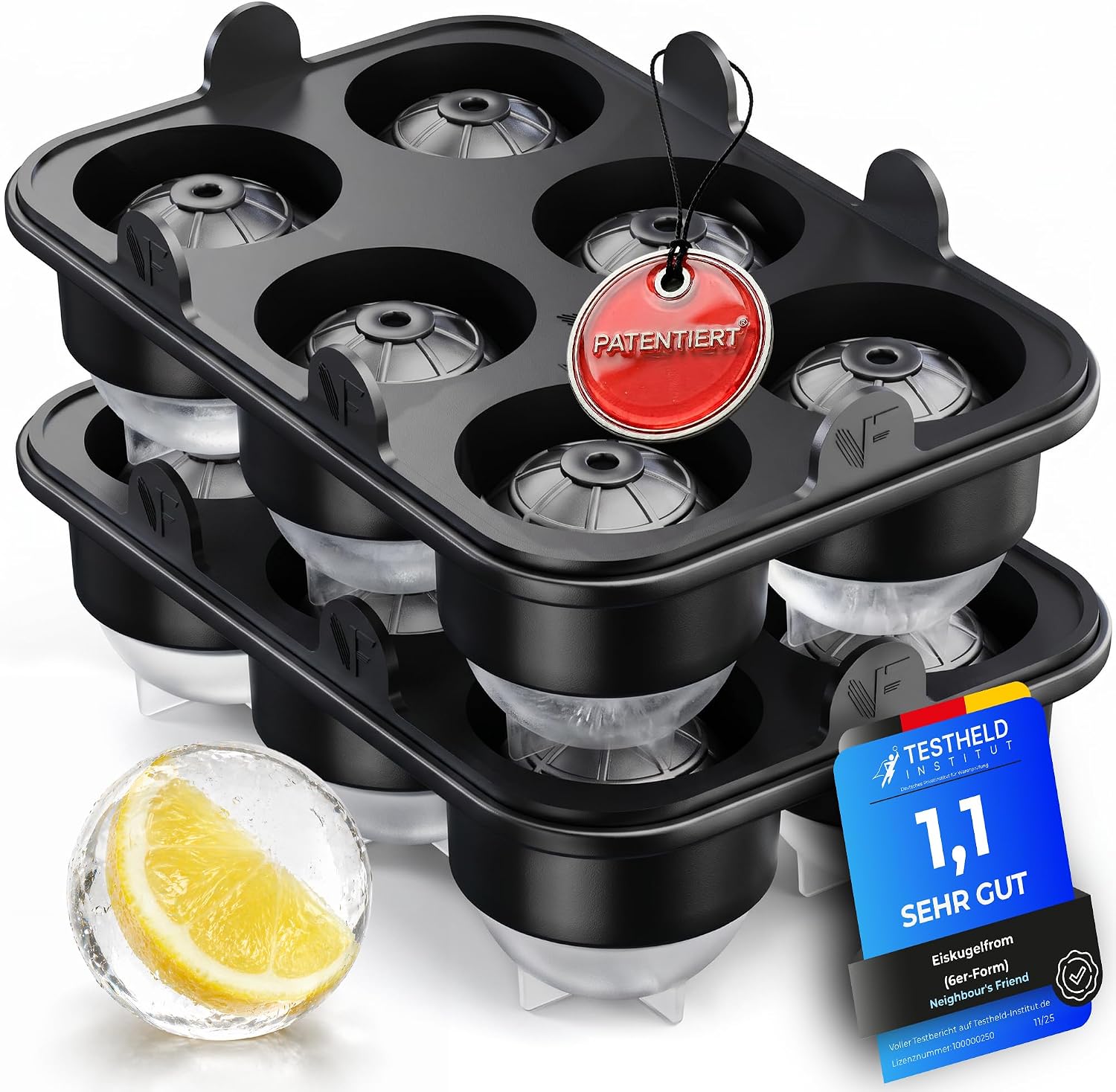 Neighbour's Friend Patentierte Eiskugelform Platinum – XXL runde Eiswürfelform, 2er Pack, Silikonboden, spülmaschinengeeignet