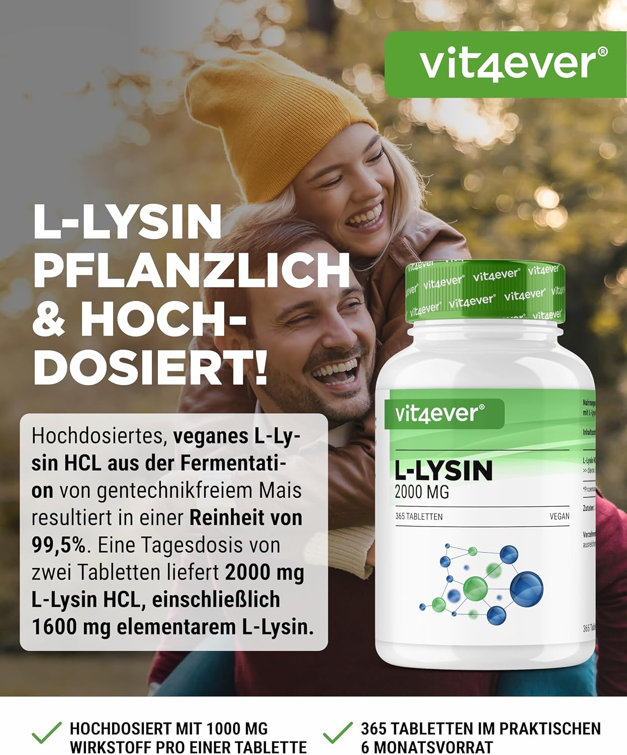 Detalle 2 de L-Lysin 2000 mg (365 Tabletten) – L-Lysin HCL aus pflanzlicher Fermentation, vegan