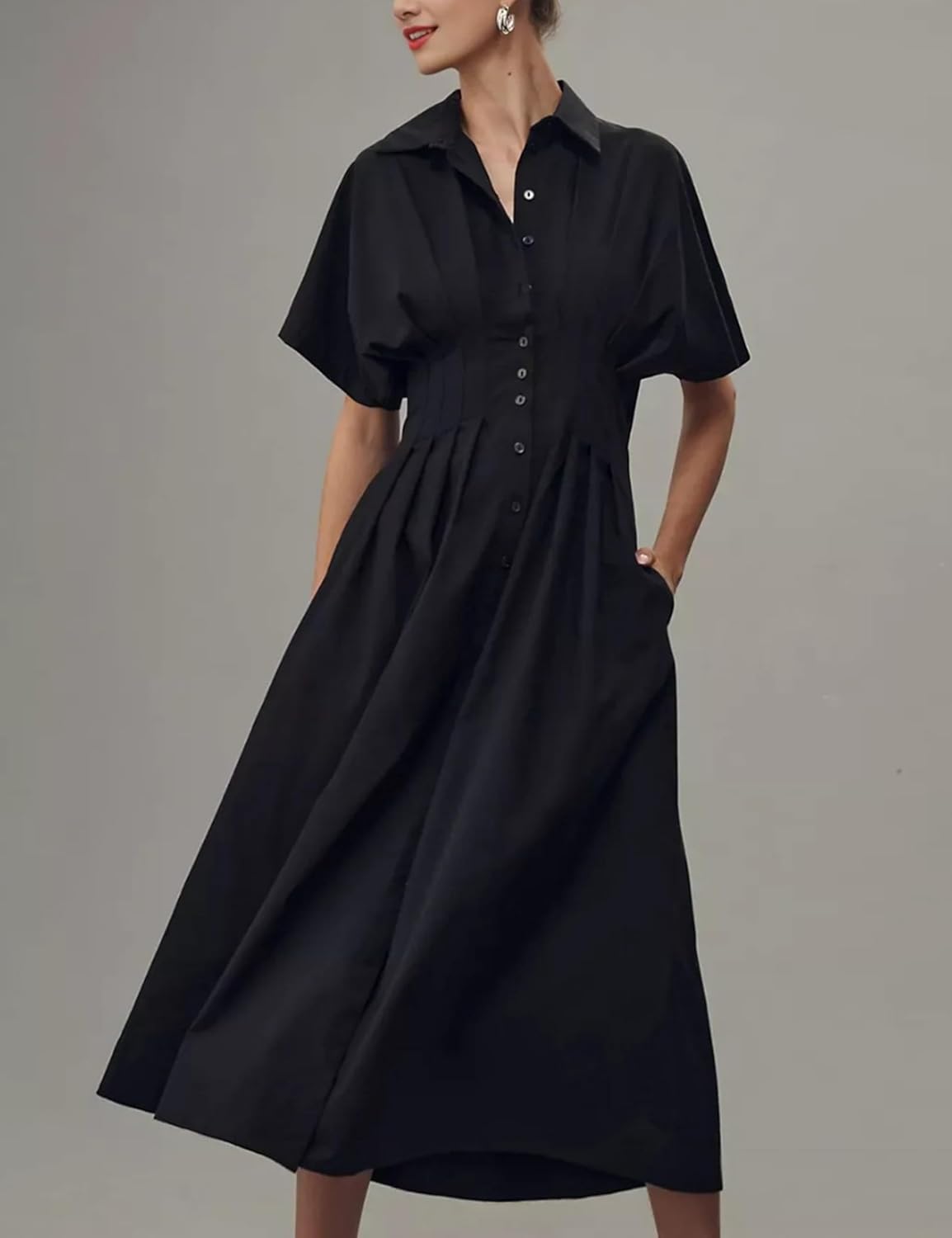 Thumbnail 1 de Yeokou Shirt Dress for Women: Summer Casual Pleated Maxi with Pockets