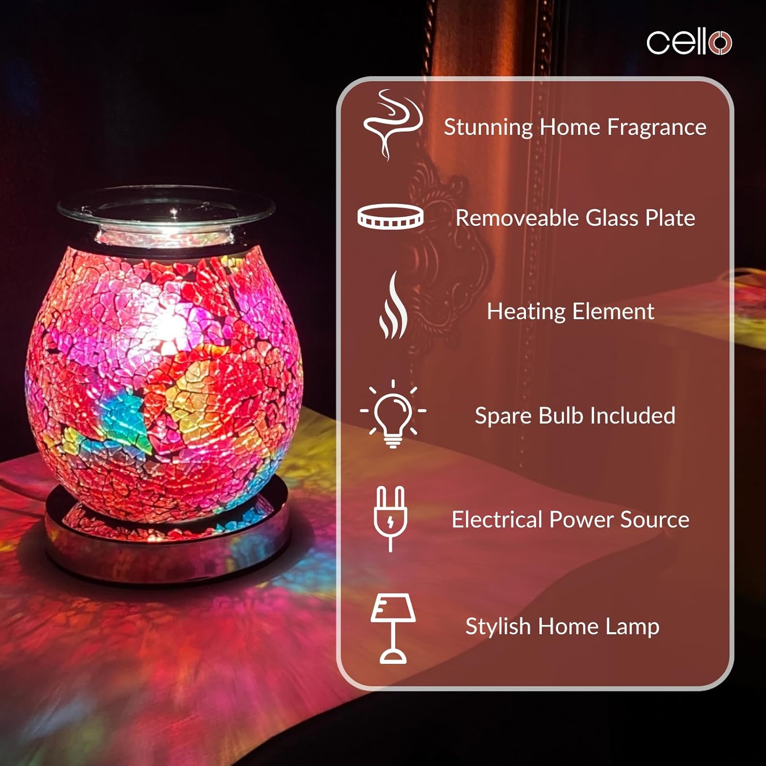 Thumbnail 3 de Cello Multi-Colour Mosaic Touch Electric Wax Melt & Oil Burner (Night Light) – touch control fragrance diffuser