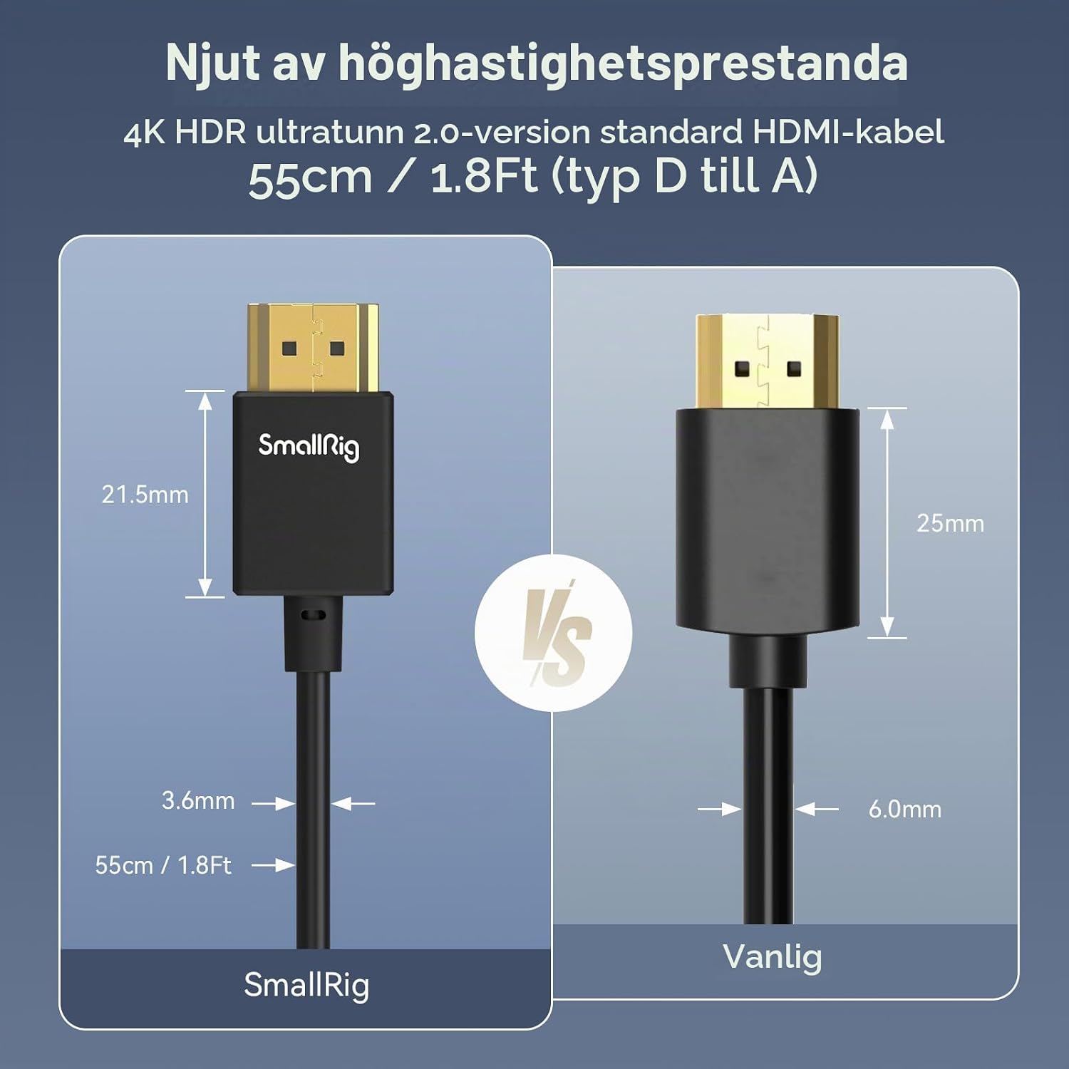 Detalle de SMALLRIG 3043 HDMI-kabel, 55 cm, ultratunn och flexibel med stöd för 4K@60Hz
