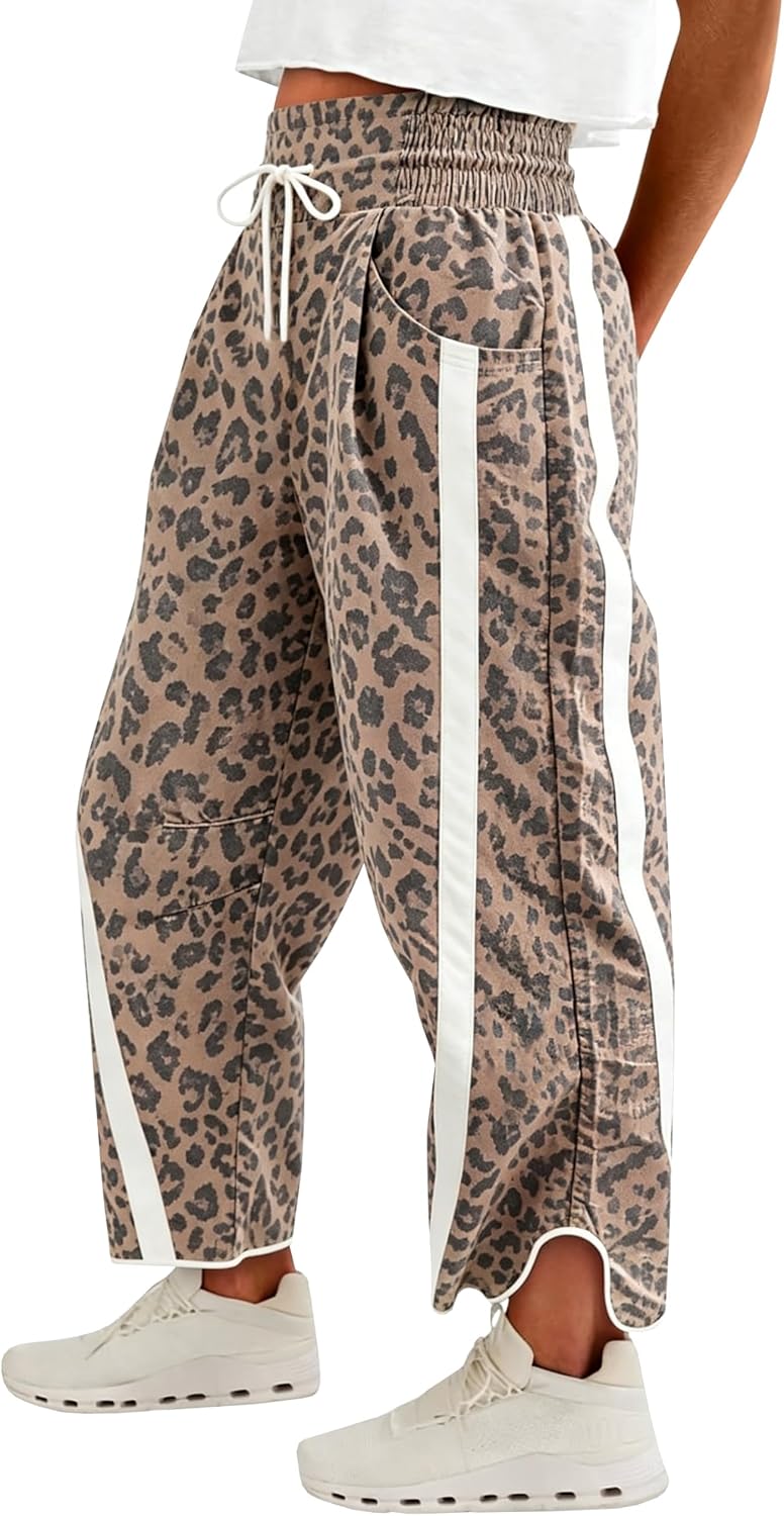 Detalle de Fisoew Women's Printed Wide-Leg Sweatpants, High-Rise Drawstring Waist, 7/8 Length