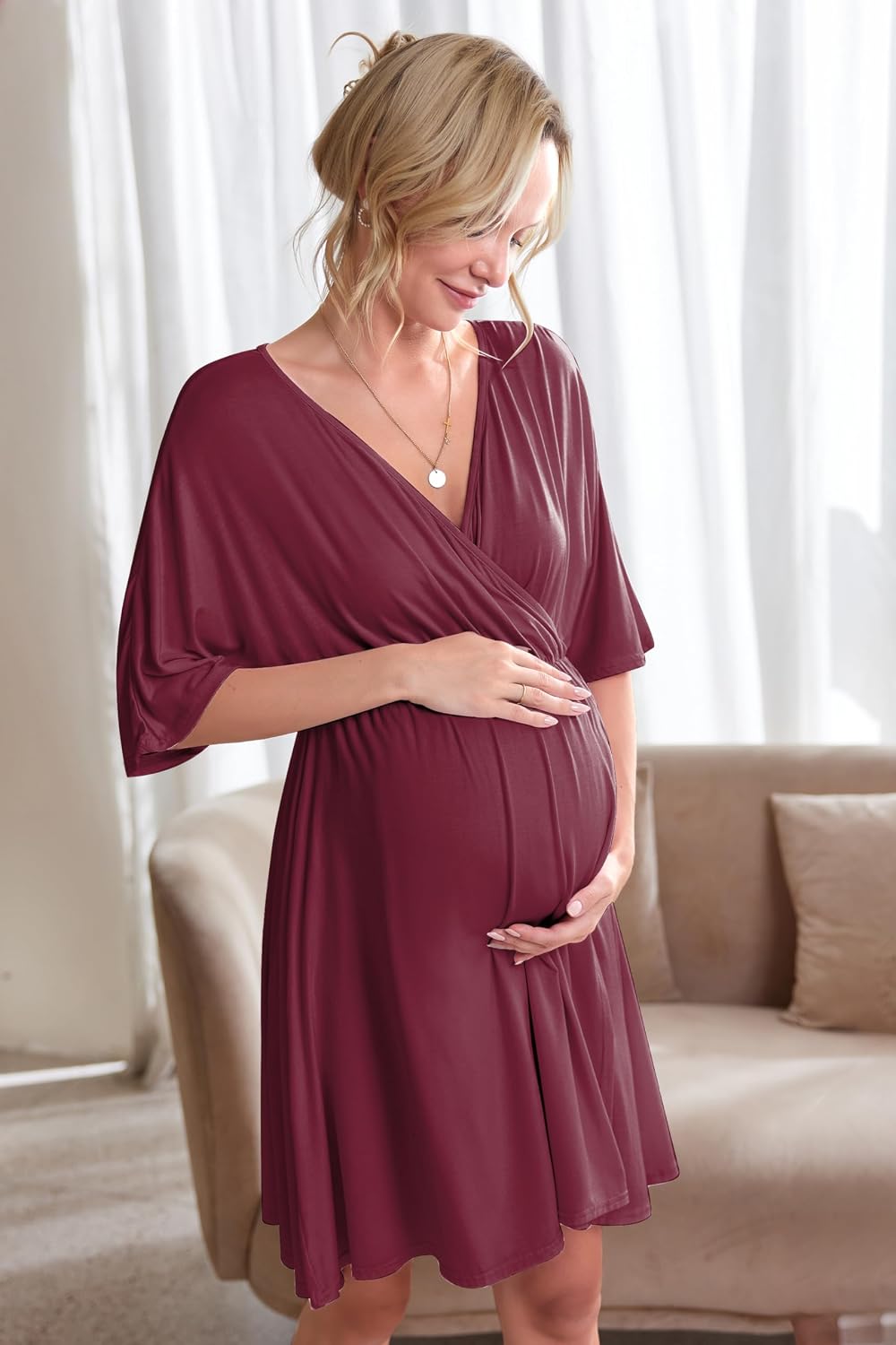 Detalle 1 de Ekouaer AMK005435 3-in-1 Maternity Nursing Gown with Split Front Flap