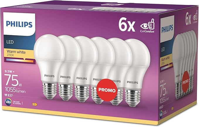 Detalle de Philips Bombillas LED 75W E27 Luz Blanca Cálida Pack 6