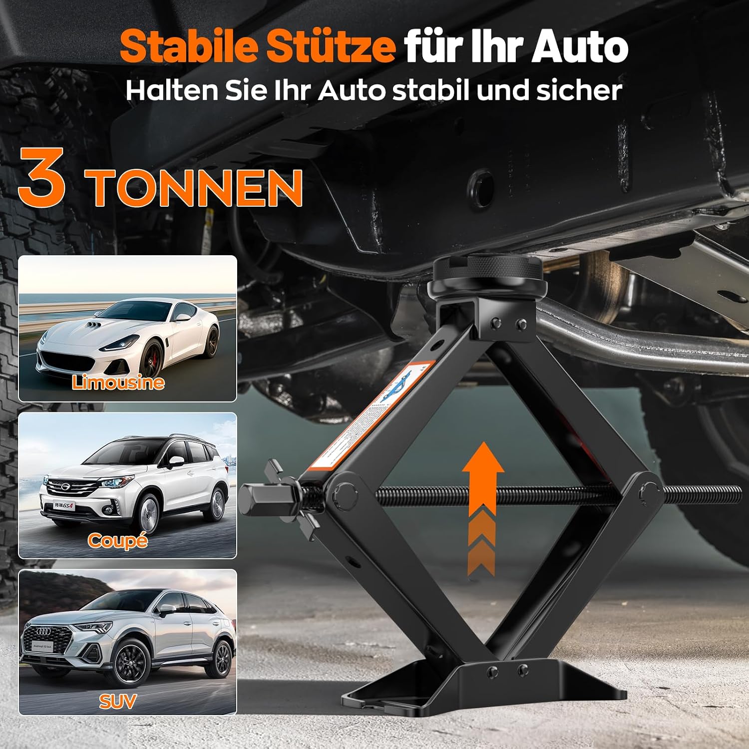 Detalle de Universelle Wagenheber 3T — Neues Upgrade Scherenwagenheber-Set mit 2 Gummiauflagen, inkl. Radkreuzschlüssel und Notfallzubehör