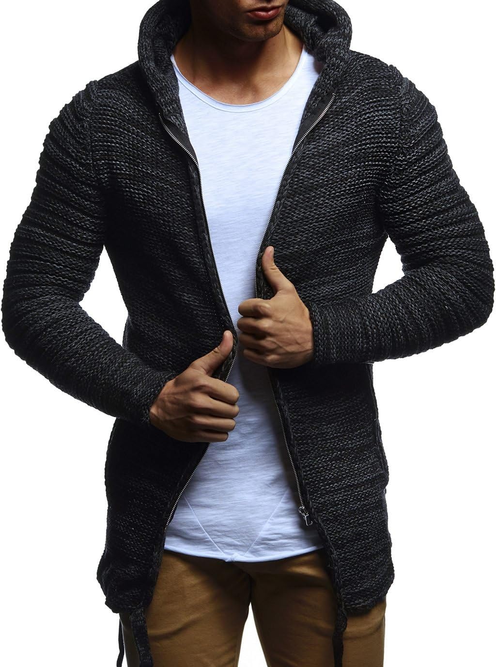 Detalle 1 de Leif Nelson LN20741 – Hoodie cardigan zippé en tricot à capuche pour homme