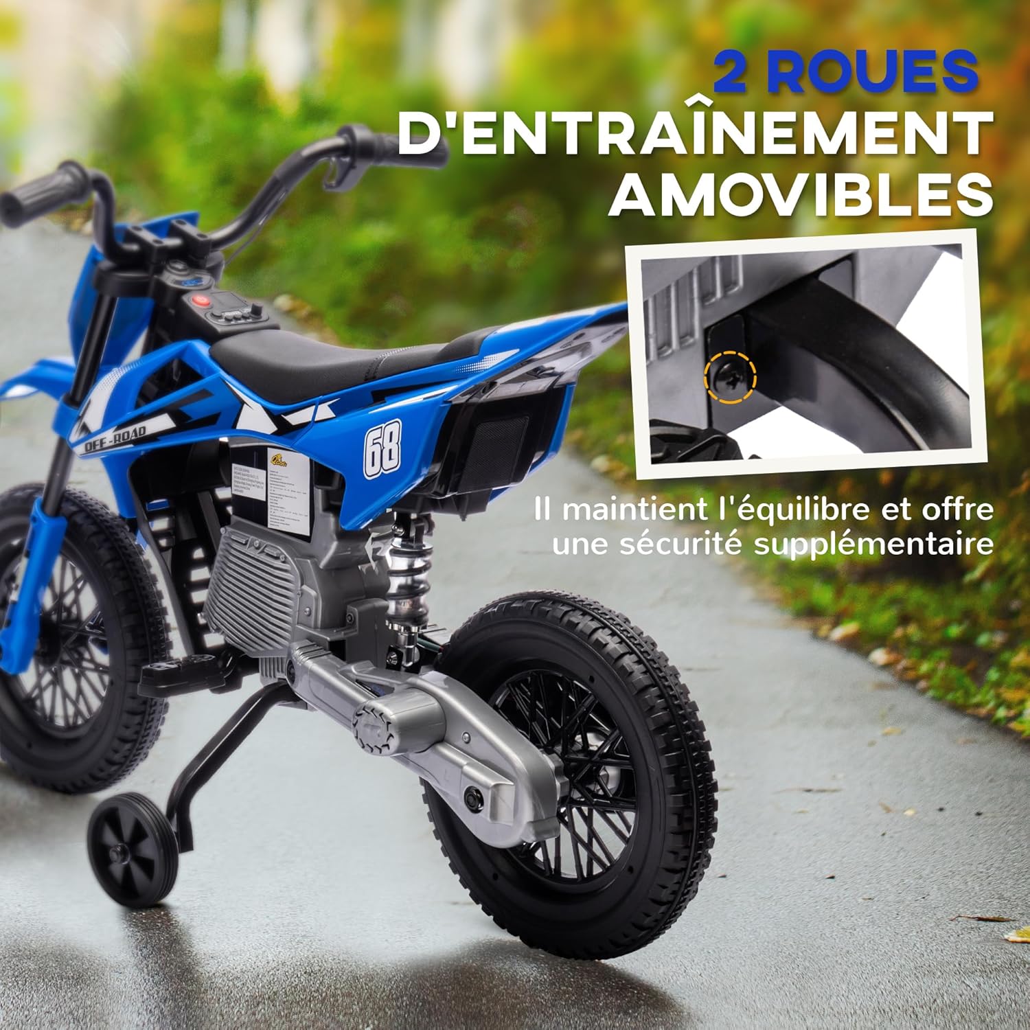 Detalle de AIYAPLAY Moto électrique Enfants – Moto Cross 12V pour enfants (3–6 ans), 2 moteurs, vitesse max 5 km/h