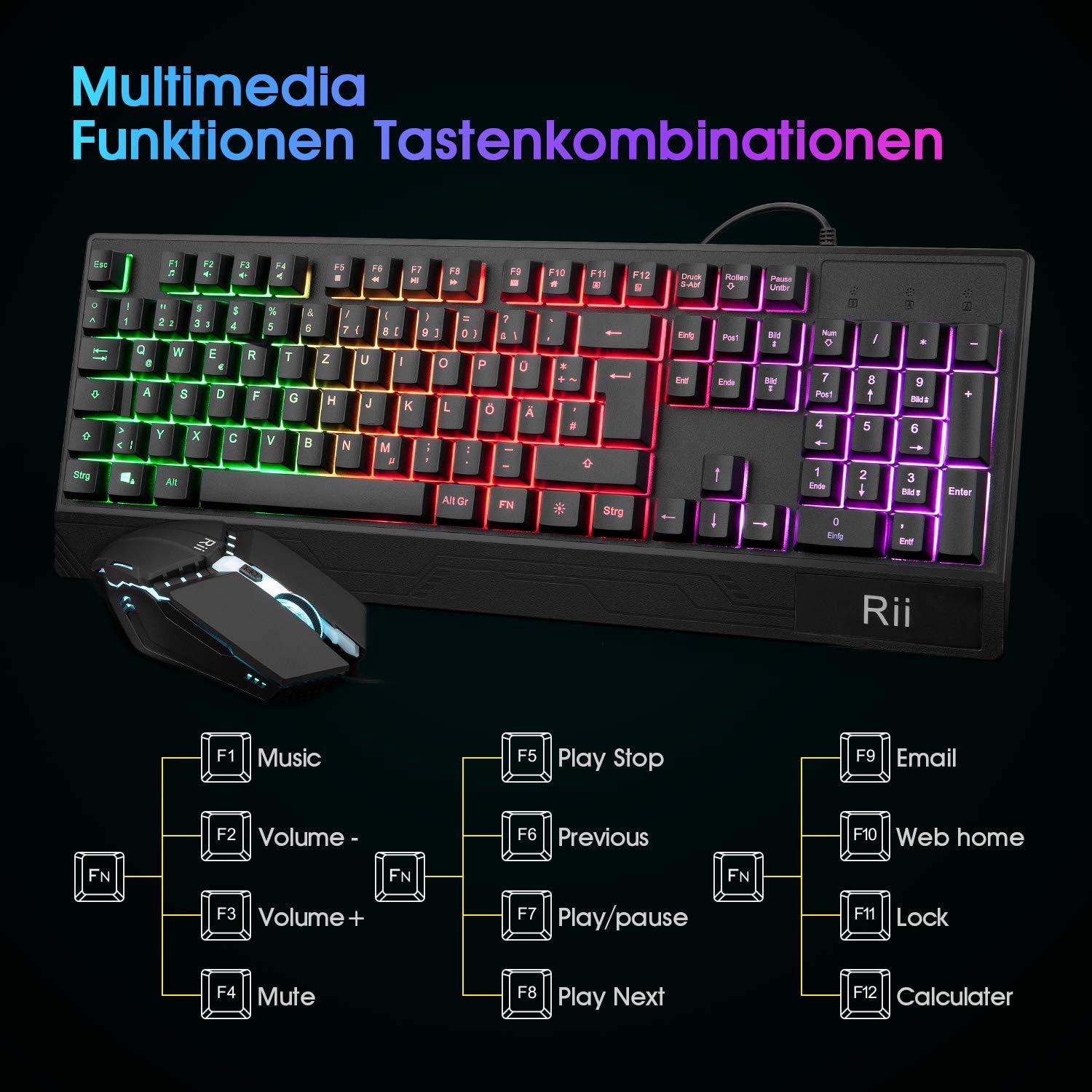 Detalle 2 de Rii Gaming Tastatur und Maus Set – RGB-Beleuchtung, DE-Layout, QWERTZ, wasserdicht