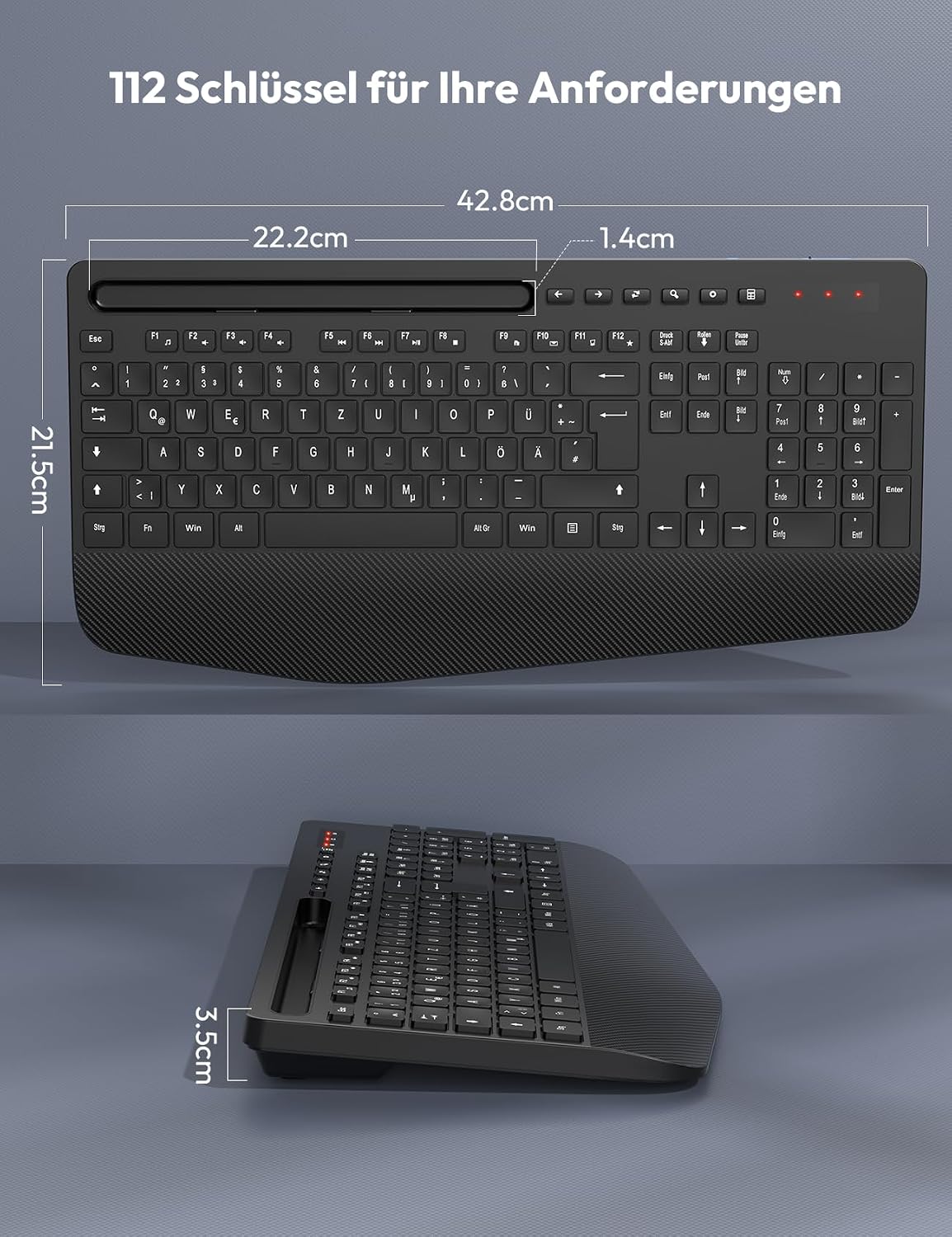 Detalle 2 de SABLUTE Kabellose Tastatur KN213 (Full-Size) mit Handballenauflage und Telefonhalter