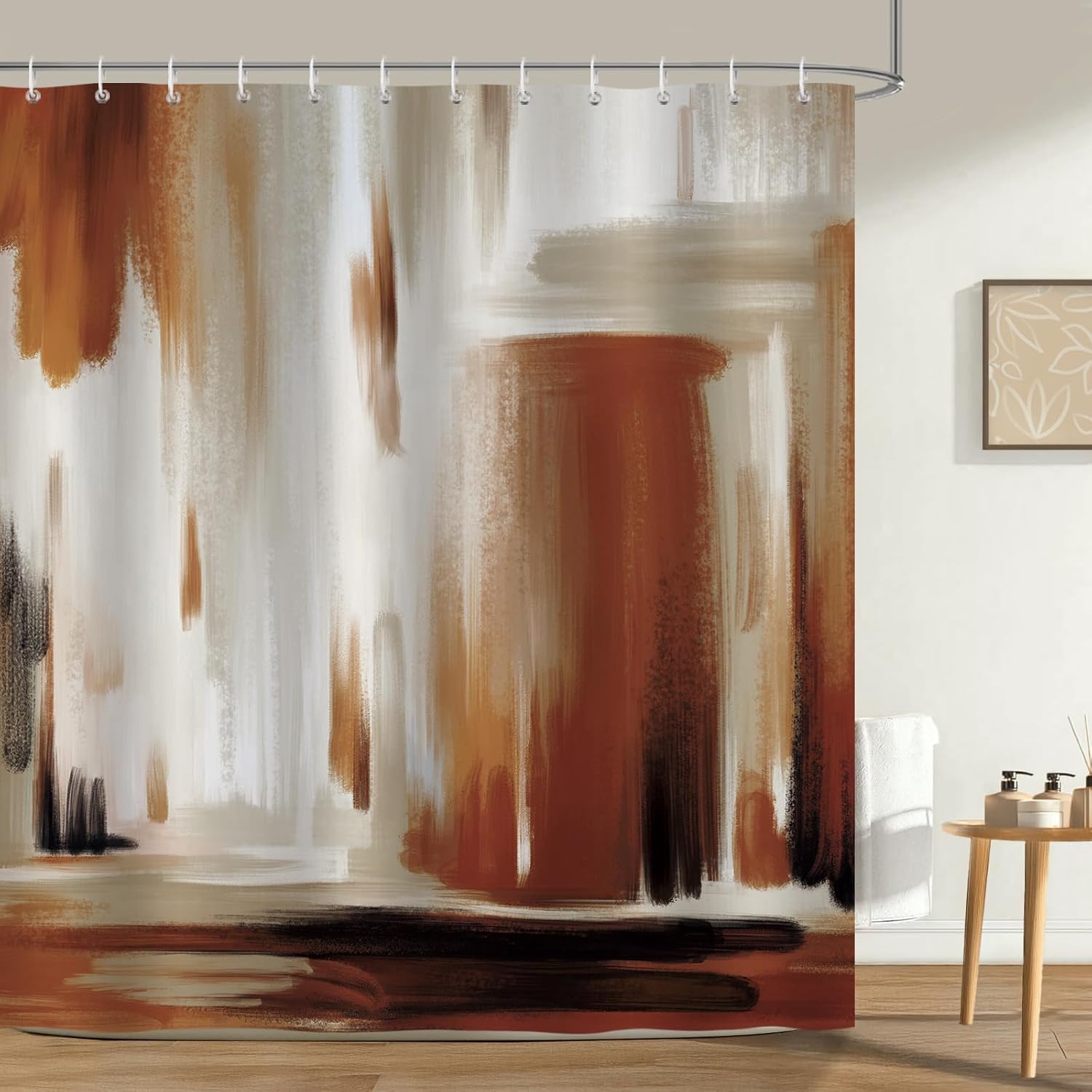 Thumbnail 1 de Bonhause Abstract Modern Shower Curtain (Brown Brush Strokes) – Waterproof polyester, 180 x 180 cm, with 12 hooks