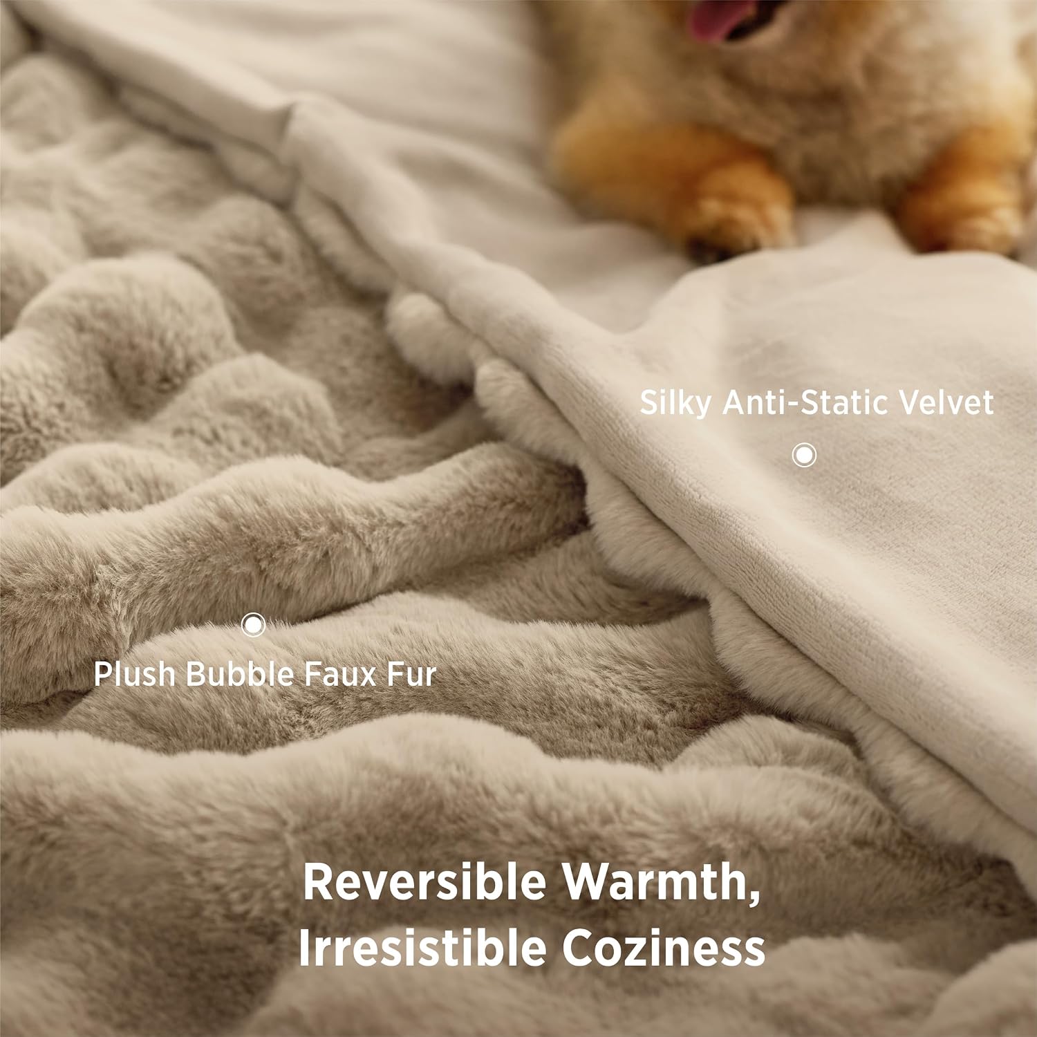 Detalle 2 de Bedsure Faux Rabbit Fur Blanket, Queen 90" x 90", Beige Bubble Plush