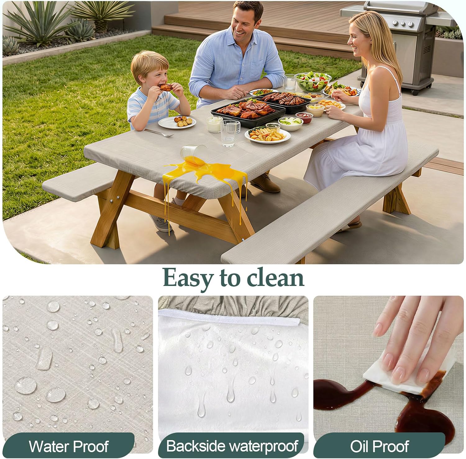 Detalle 2 de Picnic Table Cover with Bench Covers for 6FT Tables (72in) — Waterproof, Windproof Set with Drawstring Bag, Beige Linen Texture