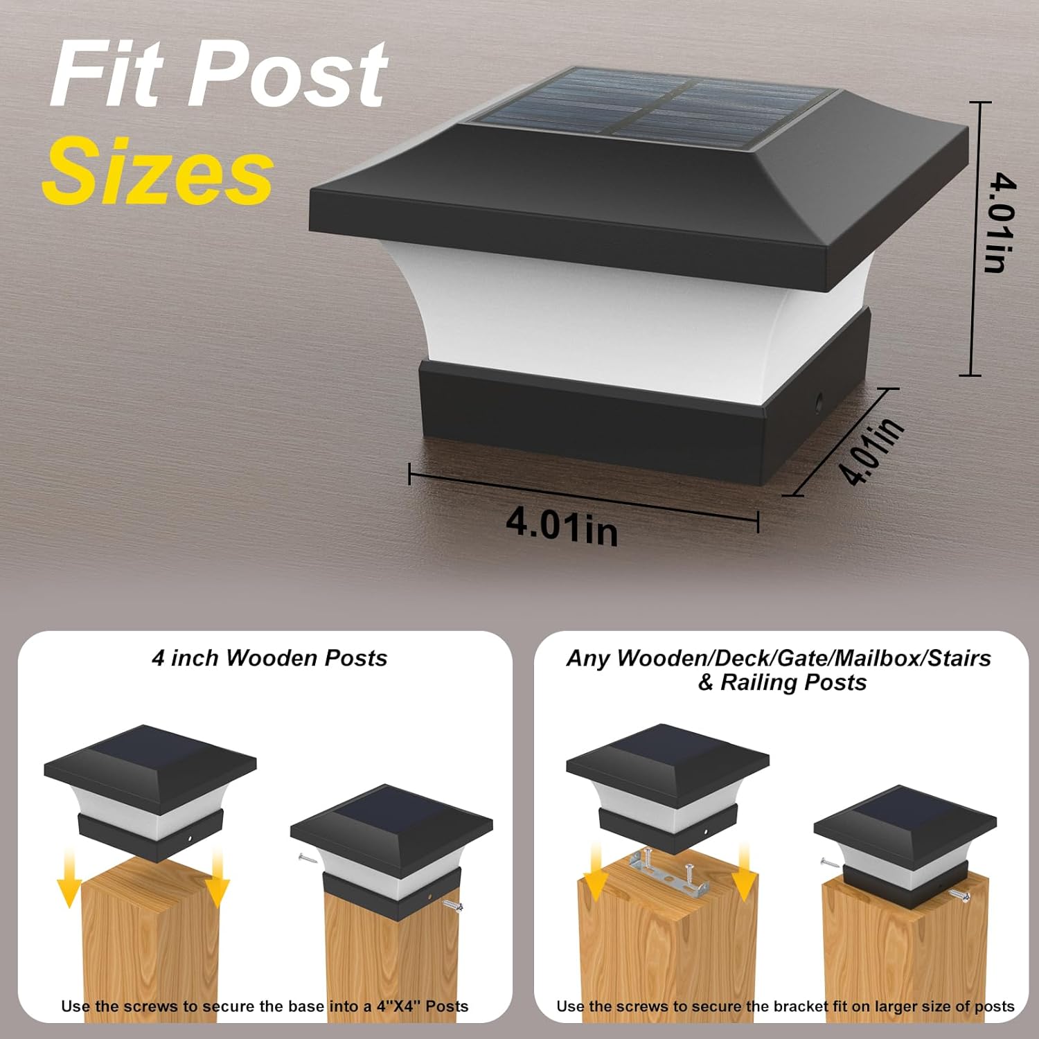 Detalle de ILIKEPOW Solar Pfostenleuchte 10x10, 2 Stück – 6000K Kaltes Weiß, IP65, kabellose Pfostenkappen für Zaun, Garten & Eingang