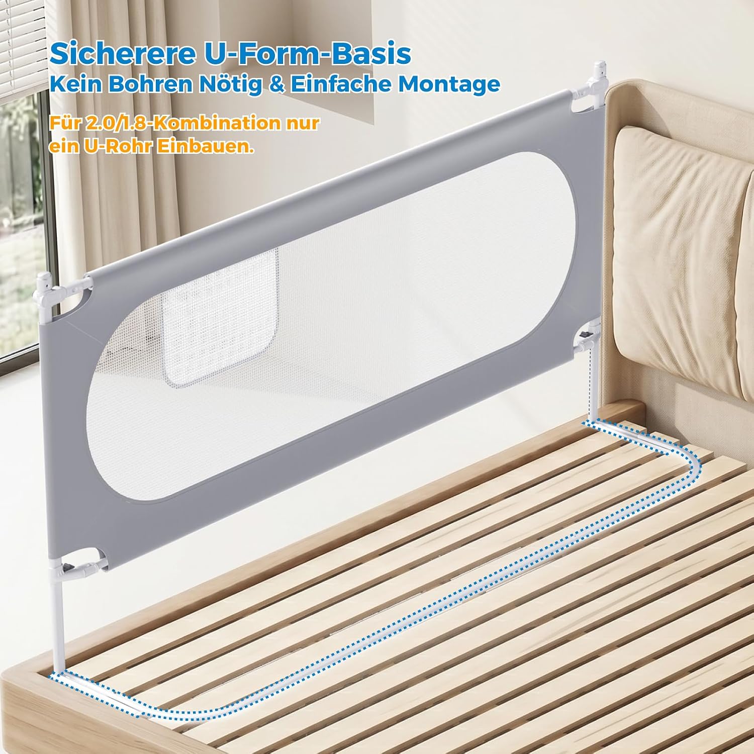 Thumbnail 5 de KUQAZ Stabiles Bettgitter 200 cm – Rausfallschutz in U-Form für Boxspringbetten und die meisten Bettarten