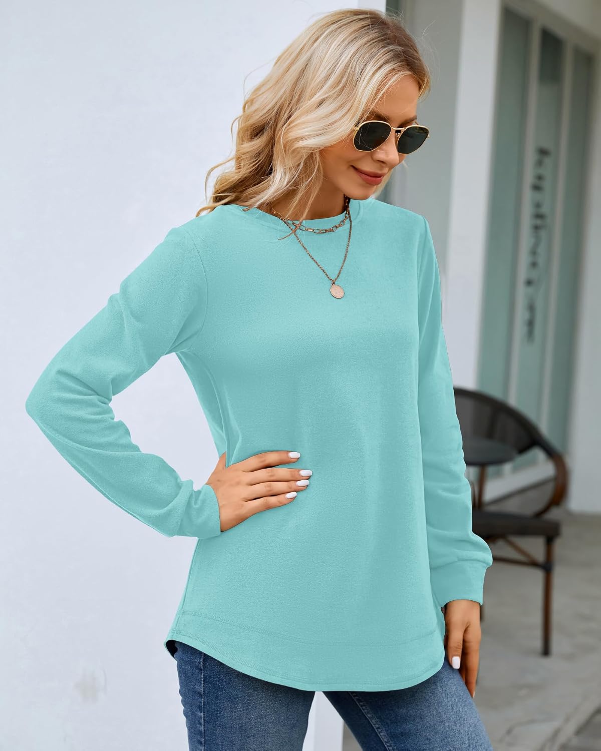 Detalle de MISFAY Women's Tunic Sweatshirt, Crewneck, Long Sleeves and Curved Hem