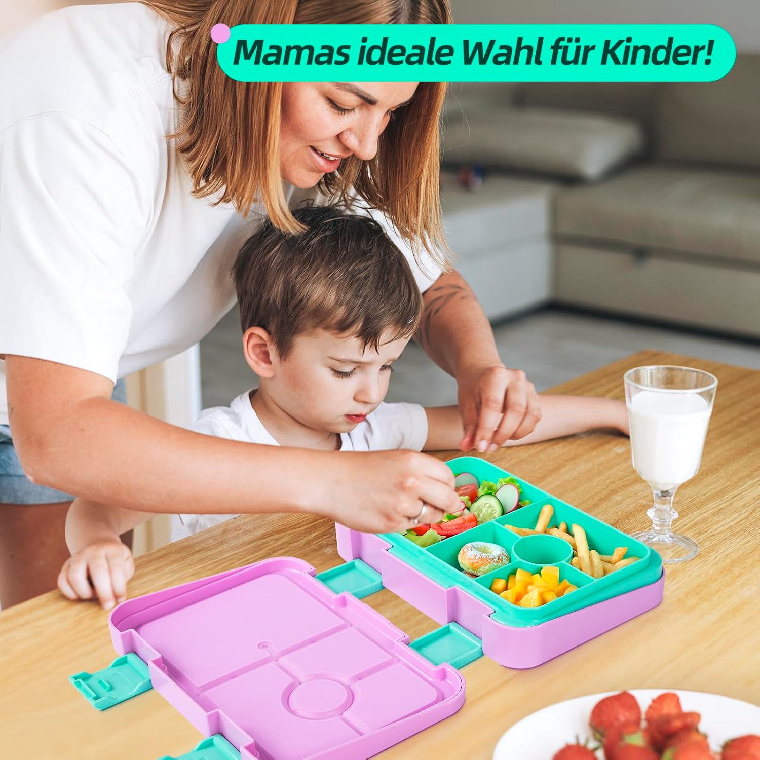 Thumbnail 6 de QCQHDU Brotdose für Kinder mit 6 Fächern (Bento Box) – auslaufsicher, BPA-frei, spülmaschinenfest, blassrosa