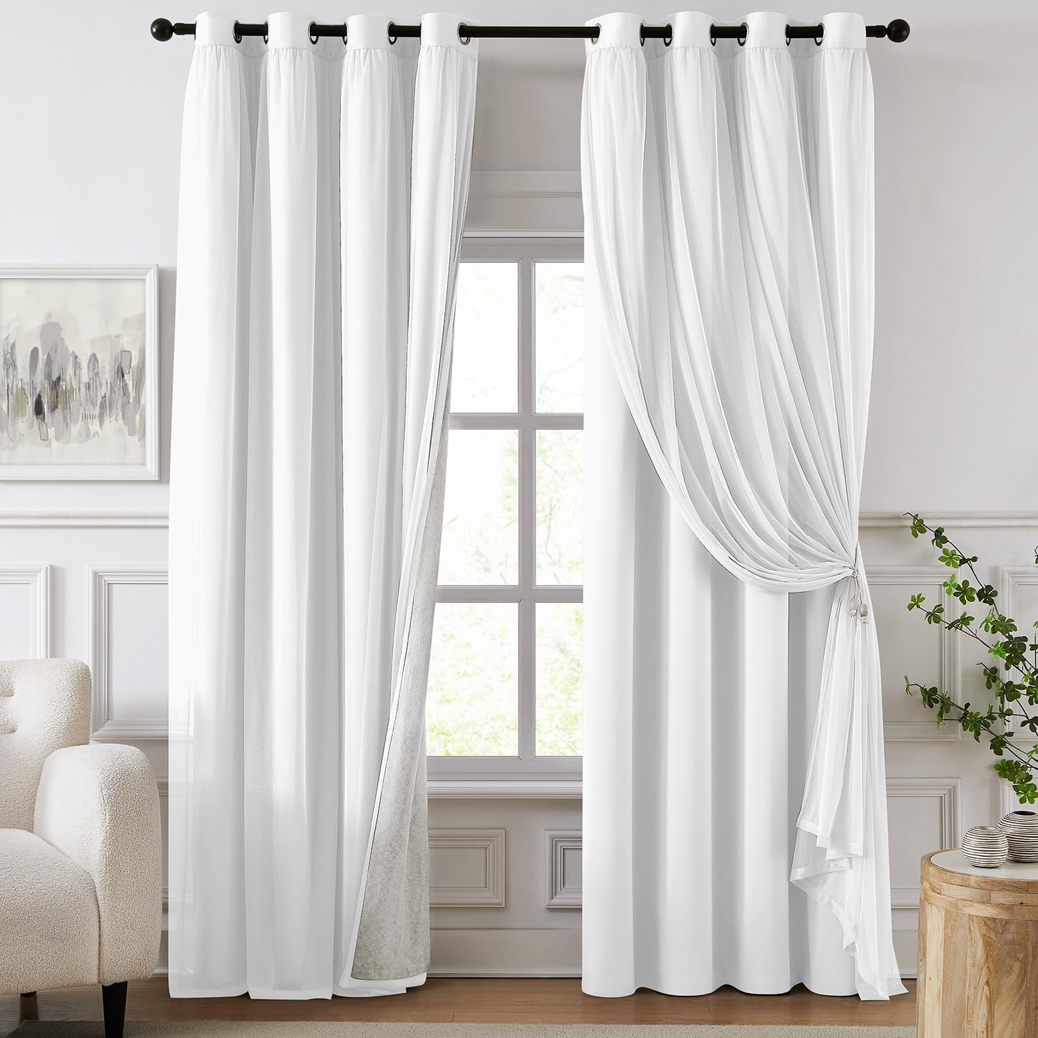 Detalle de Swandream Double Layer Blackout Curtains, White, 52" x 84", 2 Panels