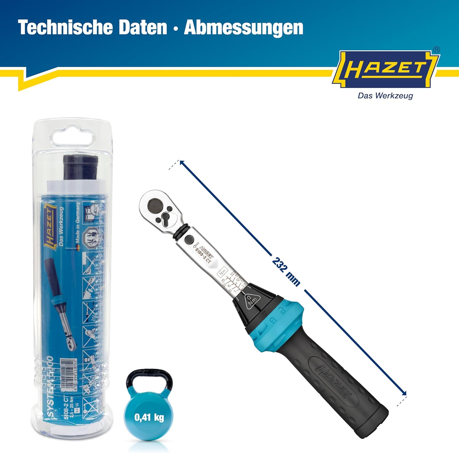 Detalle de Hazet Drehmomentschlüssel 5108-2CT für Fahrräder – präzises 2,5–25 Nm Setzen mit 1/4 Zoll Abtrieb