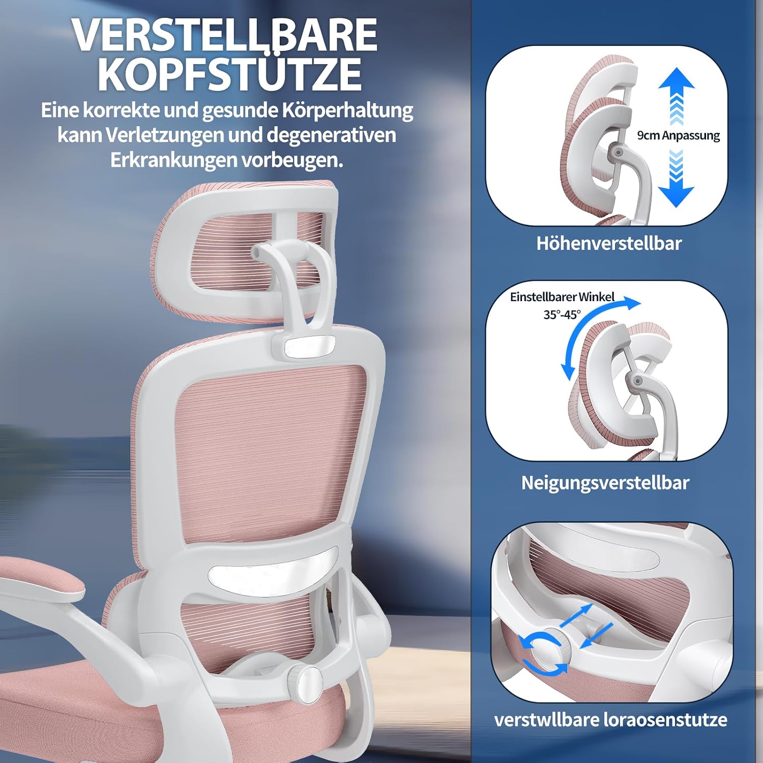 Detalle 2 de TRALT Bürostuhl ergonomisch mit verstellbarer Lordosenstütze, Kopfstütze und 150 kg Tragkraft – rosa