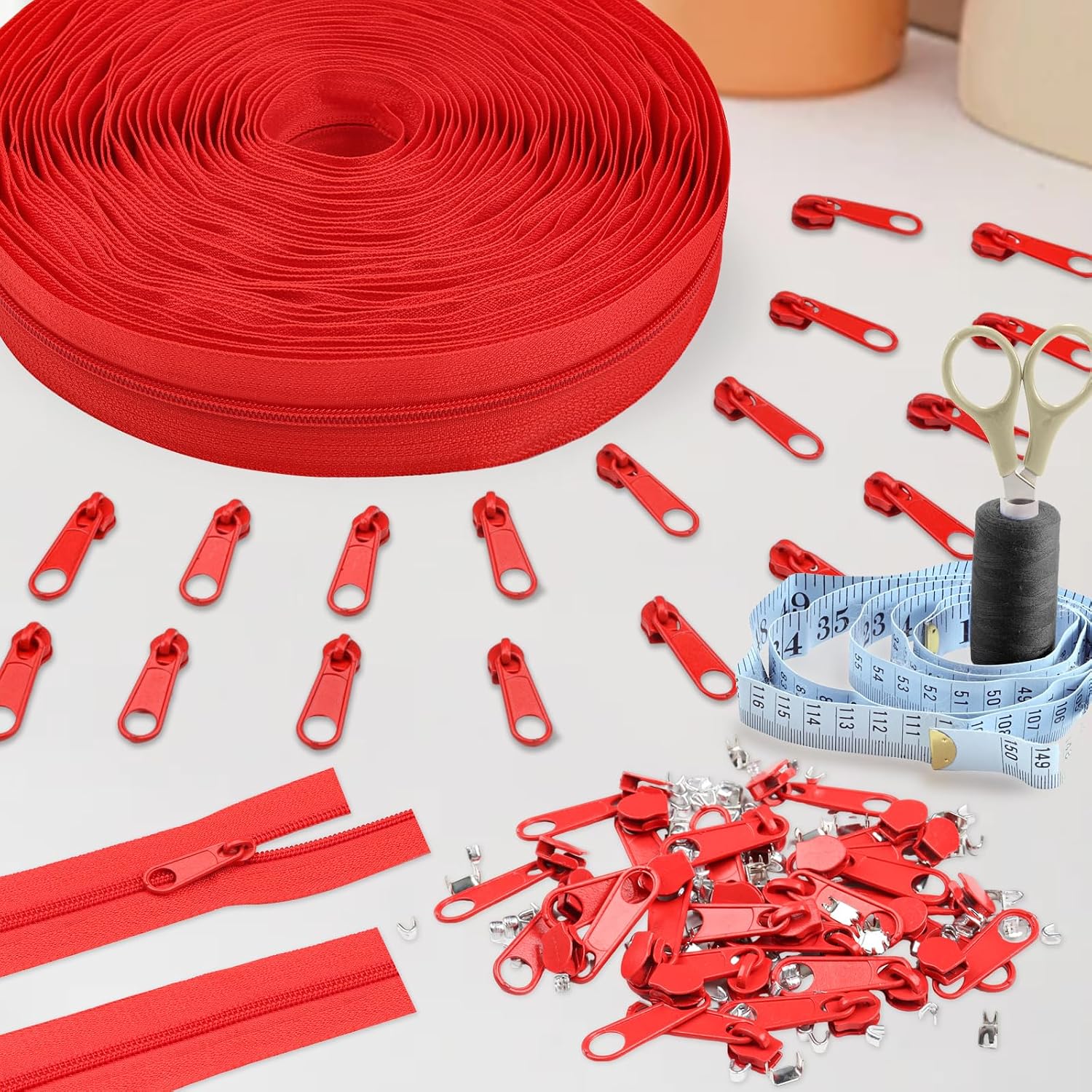 Thumbnail 5 de Endlos Reißverschluss mit Zipper 3mm – 11 m Nylon Meterware + 25 Metall-Zipper in Rot (#3)