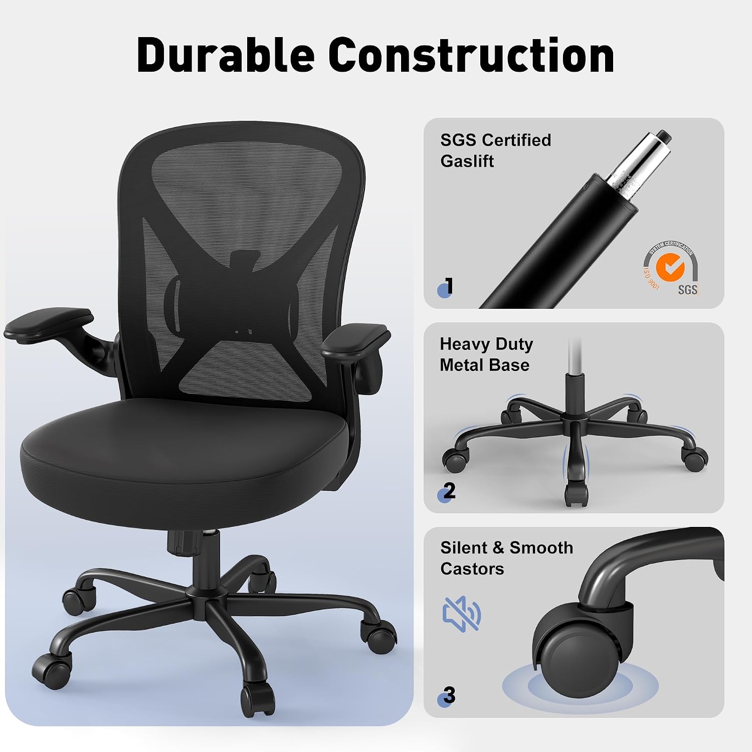 Thumbnail 2 de ZZH Ergonomic Mesh Office Chair with Adjustable Lumbar Support & Flip-up Arms (Black)