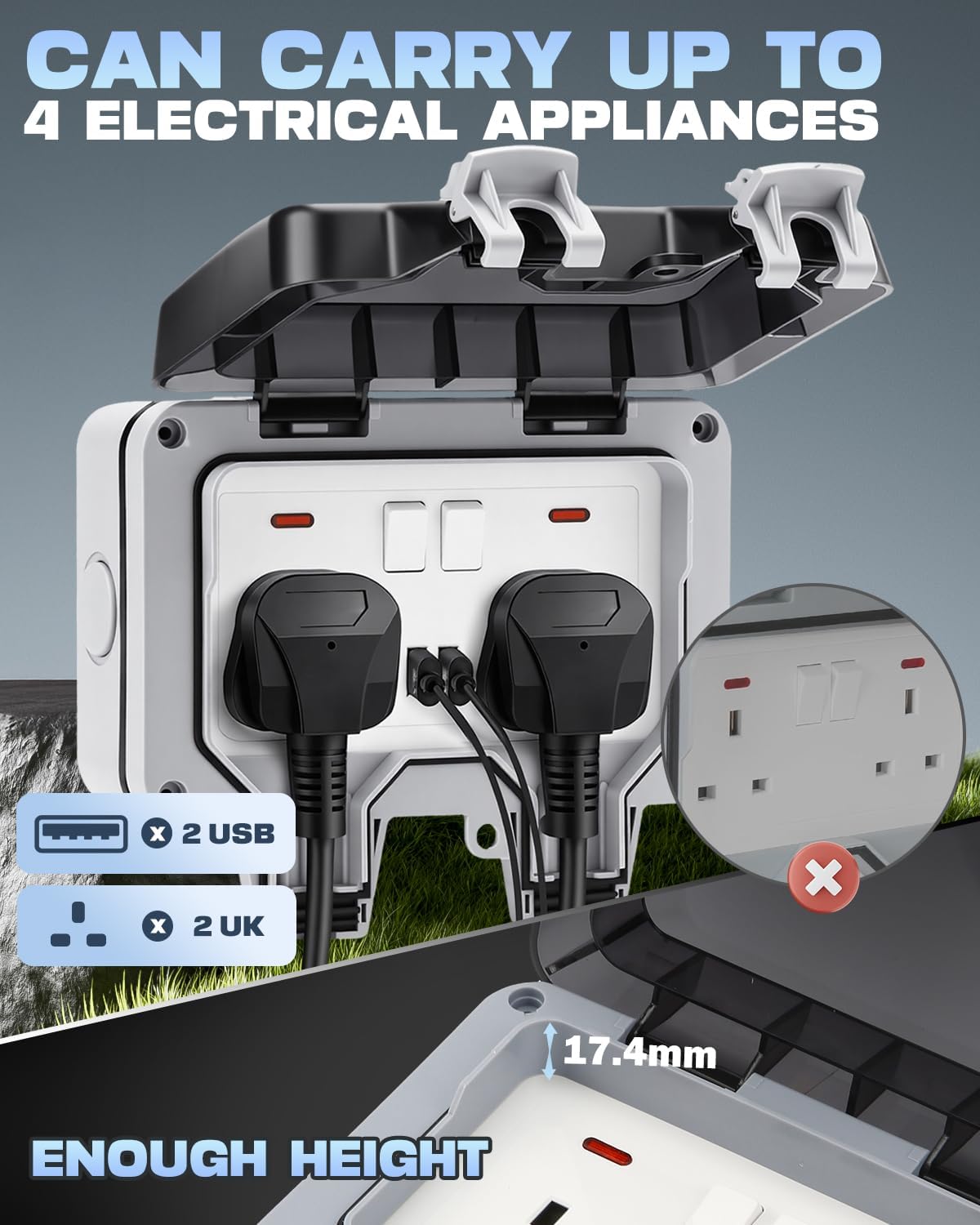 Detalle 2 de Outdoor Plug Sockets Waterproof 15m Extension Lead with 2 USB Ports (IP66, wall-mounted with switch & LED)