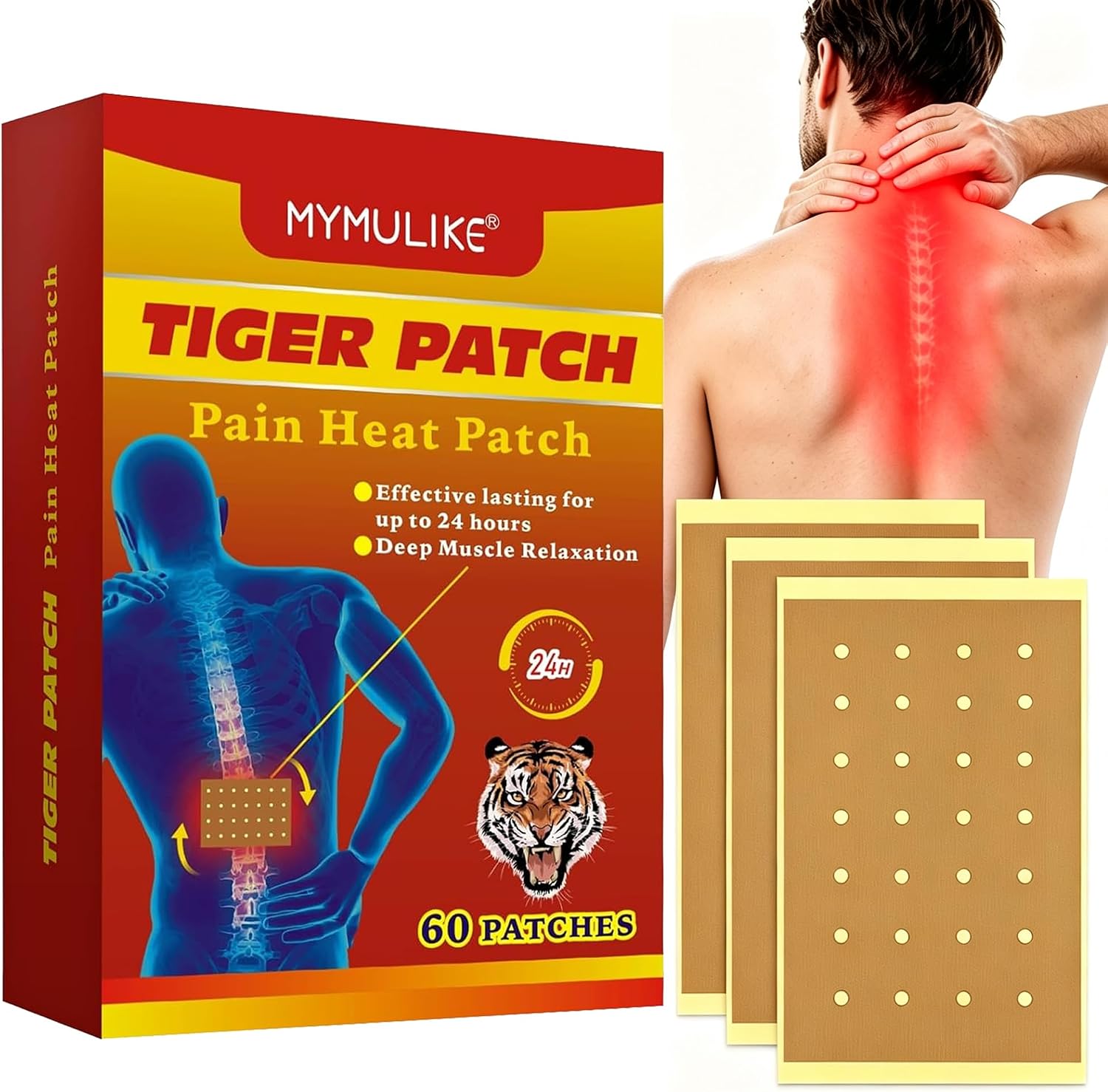 Detalle de Tiger Schmerzlinderung Patch – 60 Pads zur Wärmebehandlung für Rücken, Schulter, Nacken und Knie