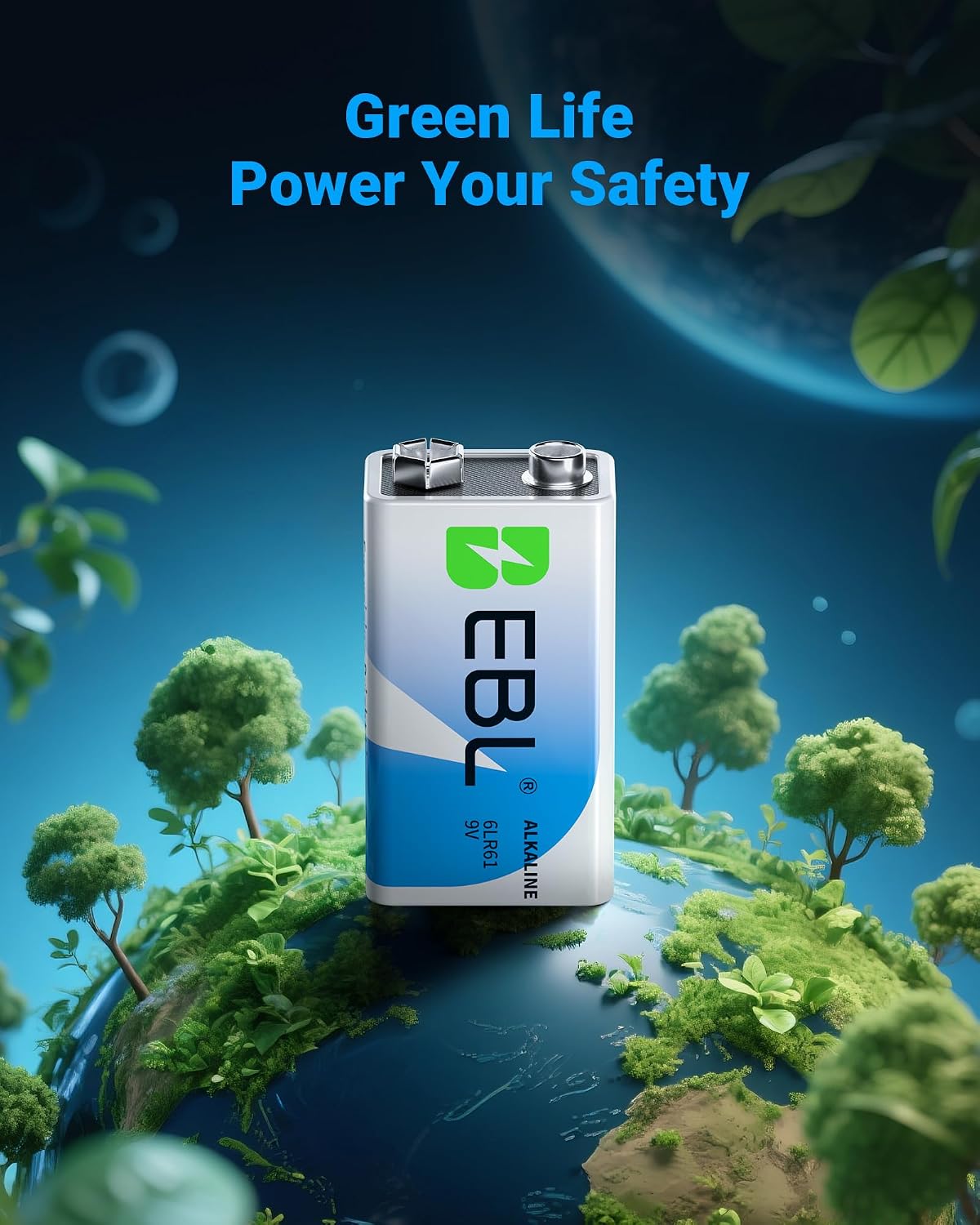 Detalle de EBL 9V Batteries 8 Pack — Alkaline, Non-Rechargeable, 7-Year Shelf Life