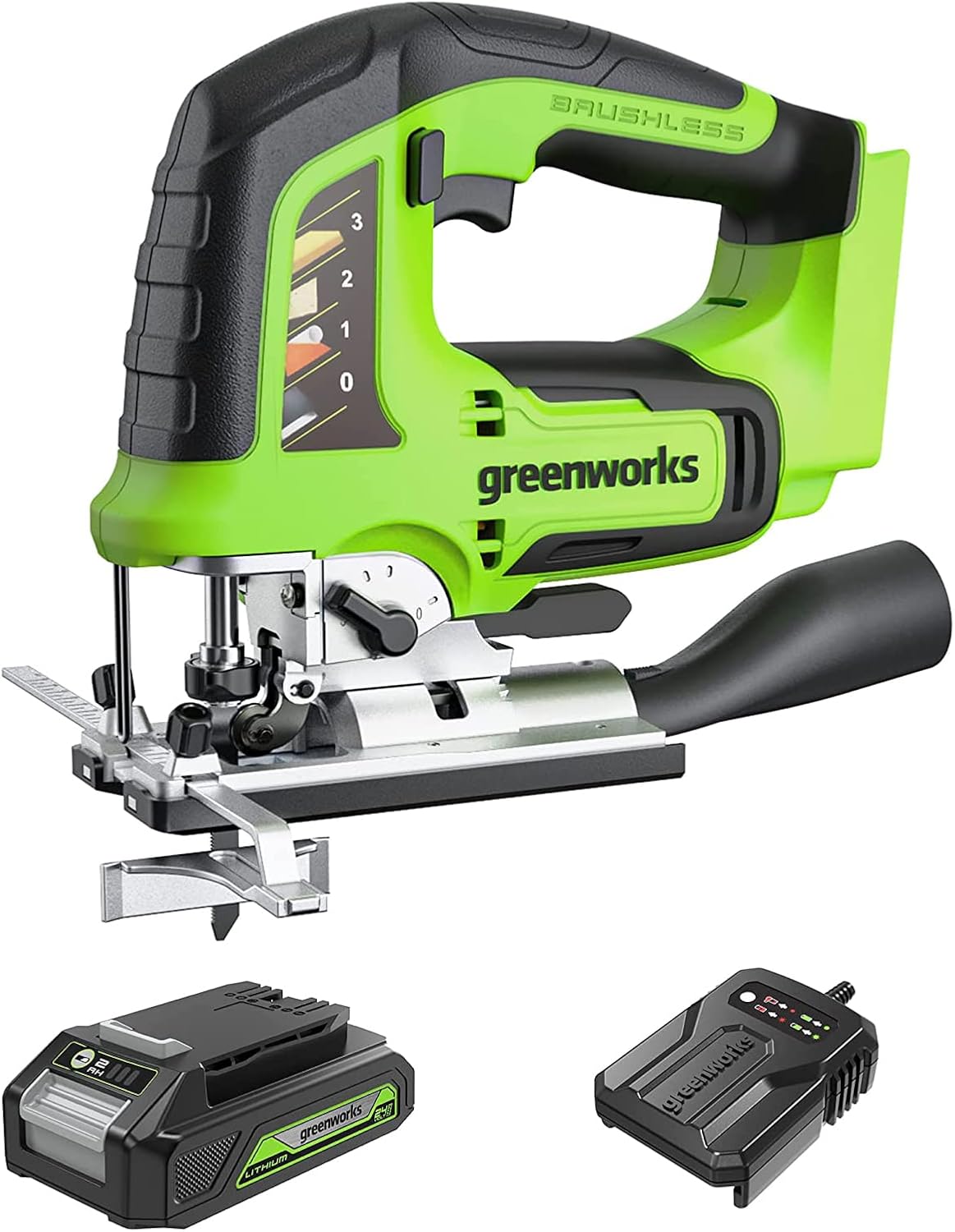 Greenworks GD24JSK2 Seghetto alternativo a batteria 24V con 2 lame, base regolabile fino a 45°