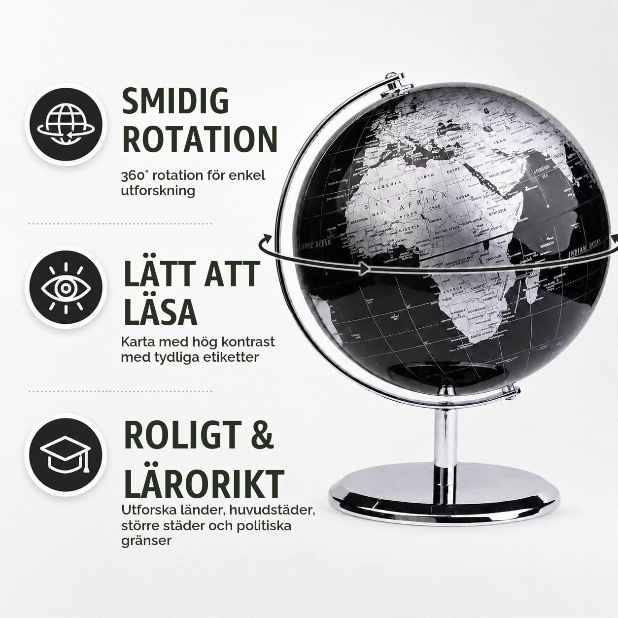 Thumbnail 5 de Exerz EX-GL20-BLK jordglob 20 cm, svart med politisk karta och metallstativ