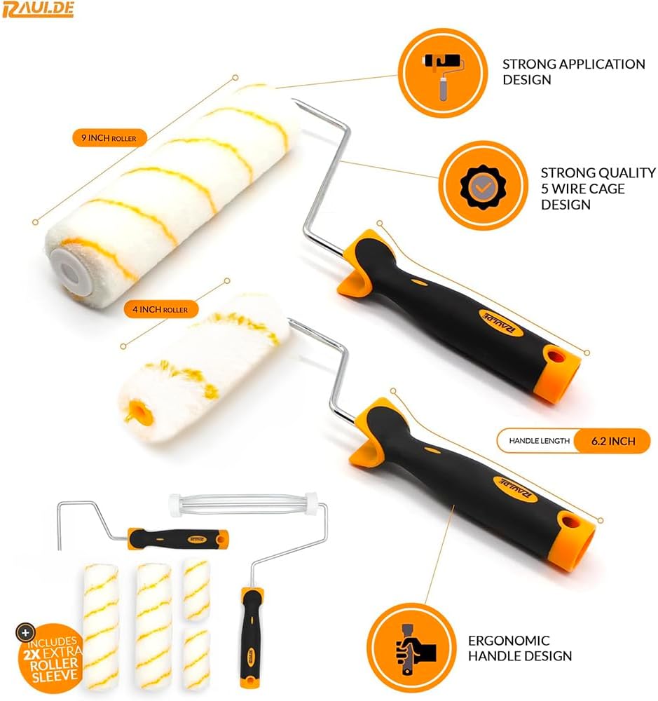 Detalle de Raulde Paint Roller Set of 10 with tray, mini & large roller covers, brush, tape and mixers