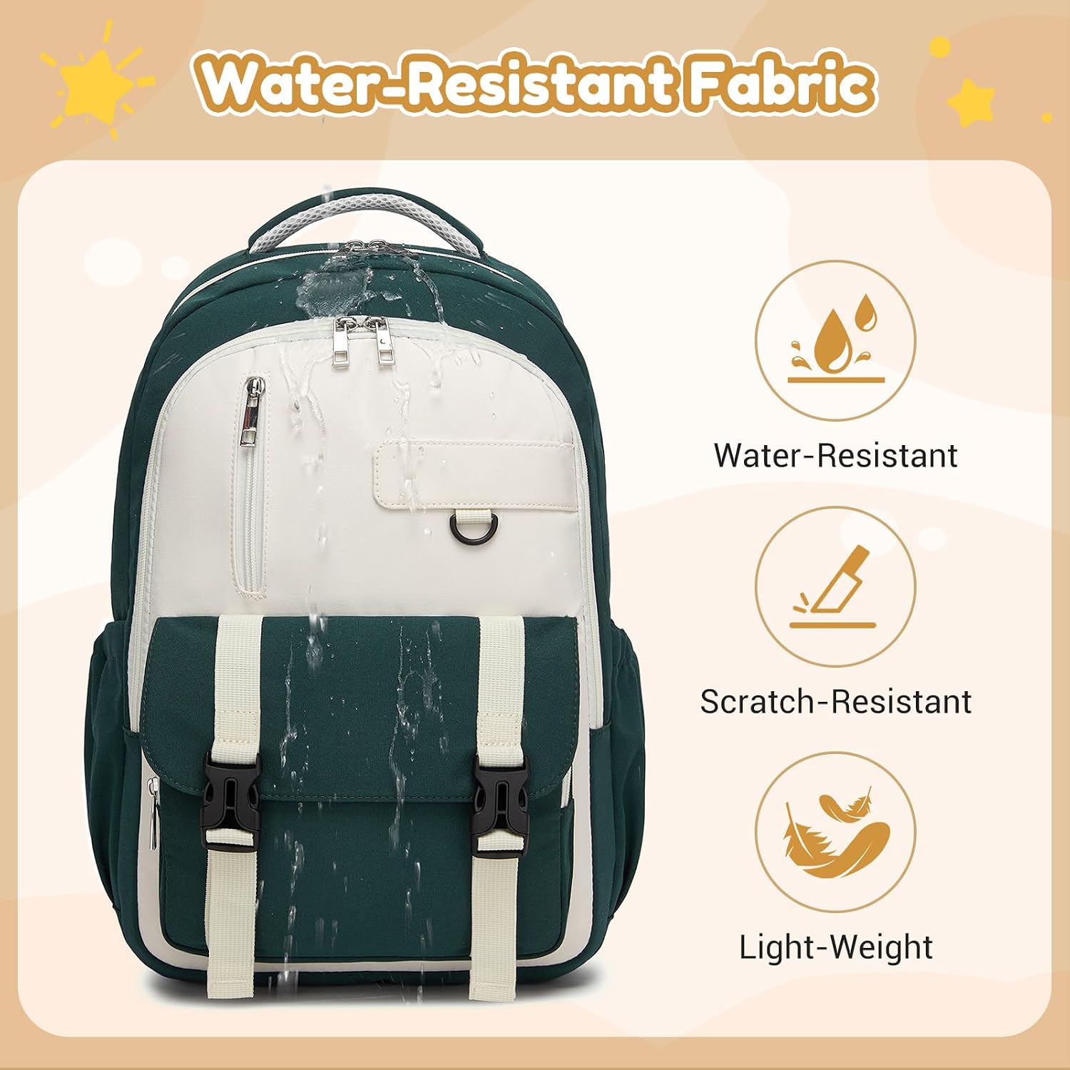 Thumbnail 5 de KONO Schulrucksack Teenager – Leichter Rucksack mit 15,6-Zoll Laptopfach, Grün/Beige
