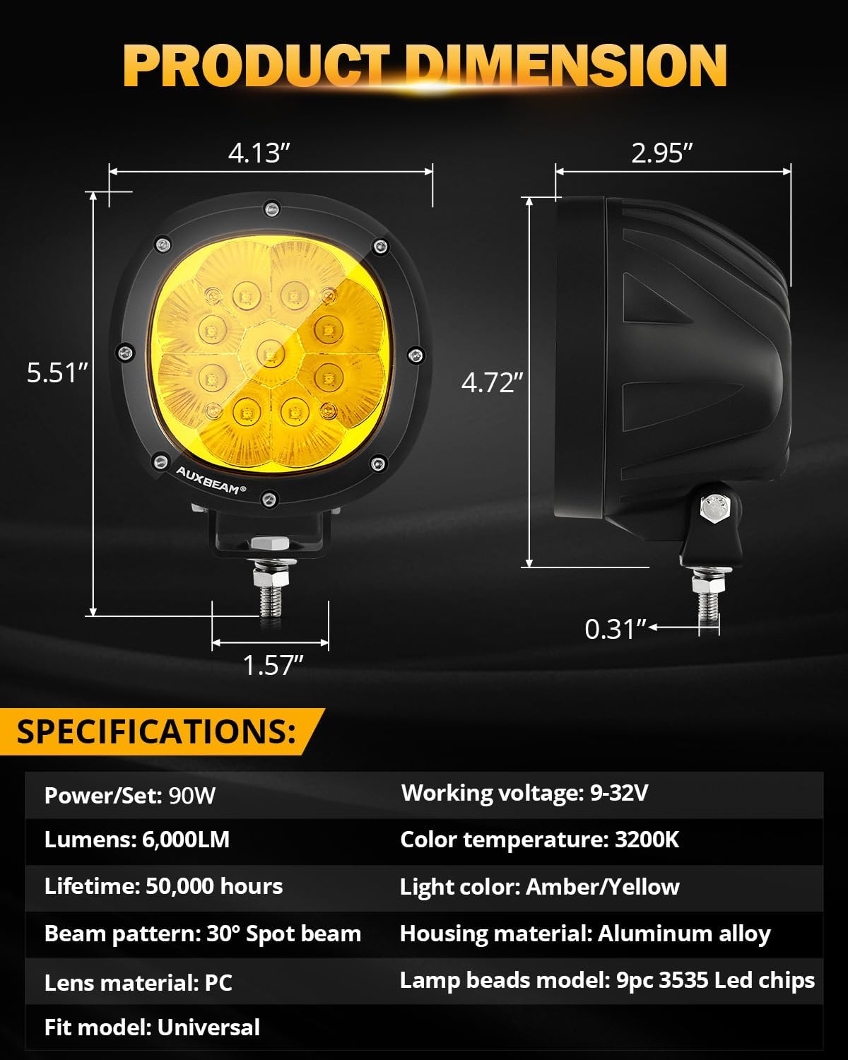 Detalle 2 de Auxbeam 90W Amber LED Offroad Light
