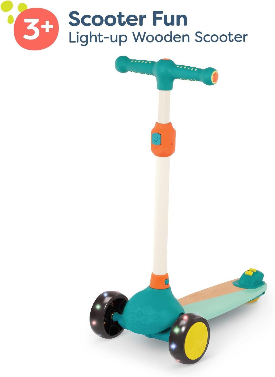 Detalle de B. toys Scooter Fun Wood Kids Scooter with Adjustable Handlebar & Light-Up Wheels