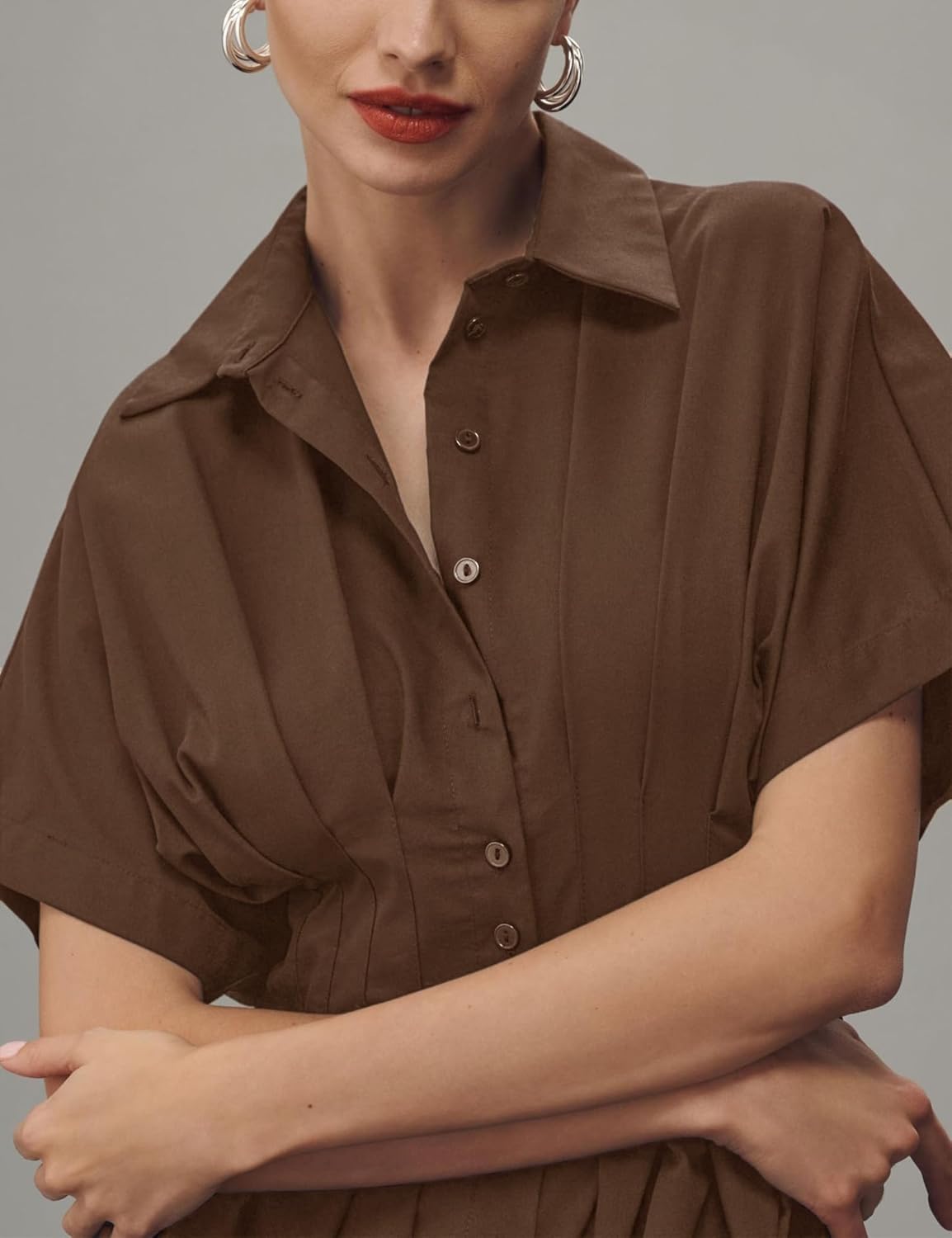 Thumbnail 3 de Yeokou Shirt Dress for Women: Pleated Maxi with Pockets, Summer Casual Button-Down