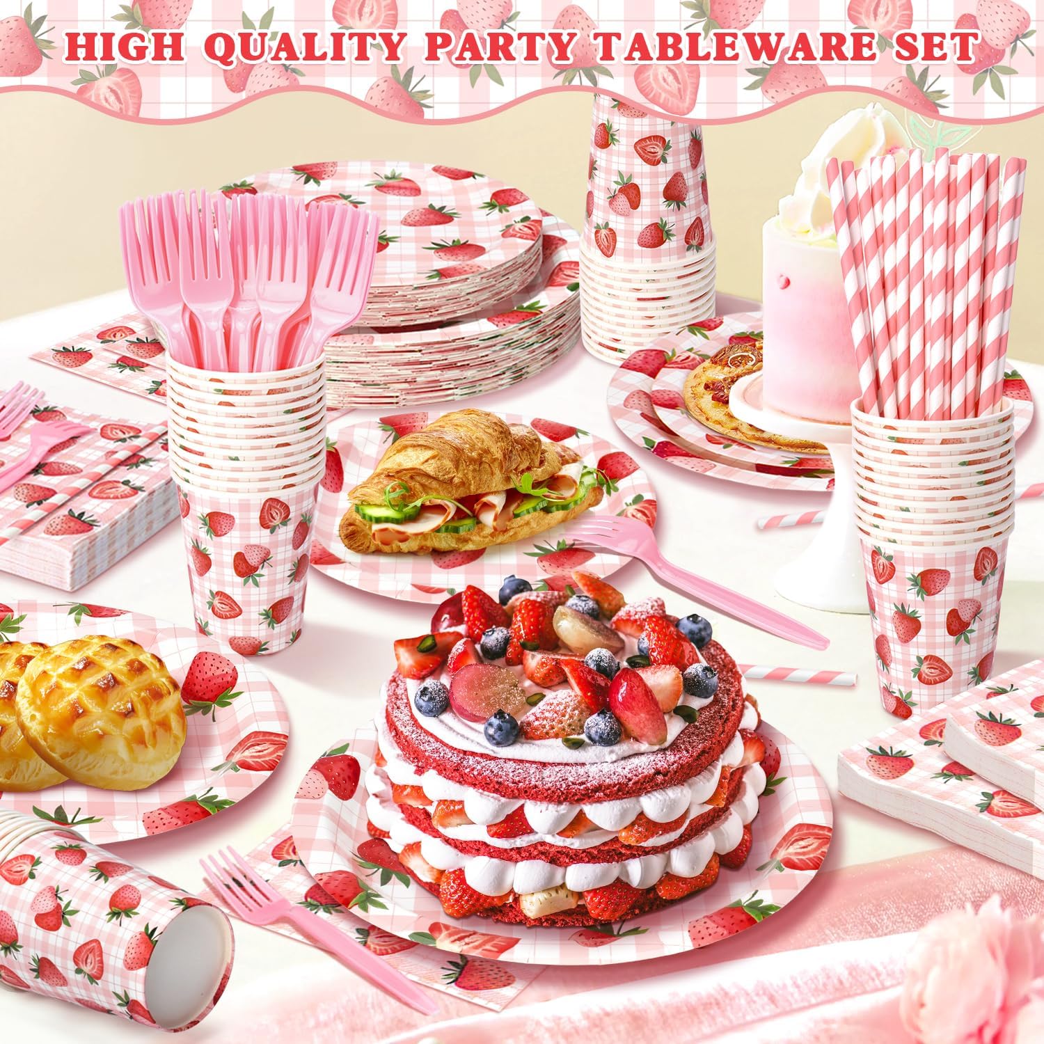 Thumbnail 4 de Strawberry Plates and Napkins Set 144pc 🍓