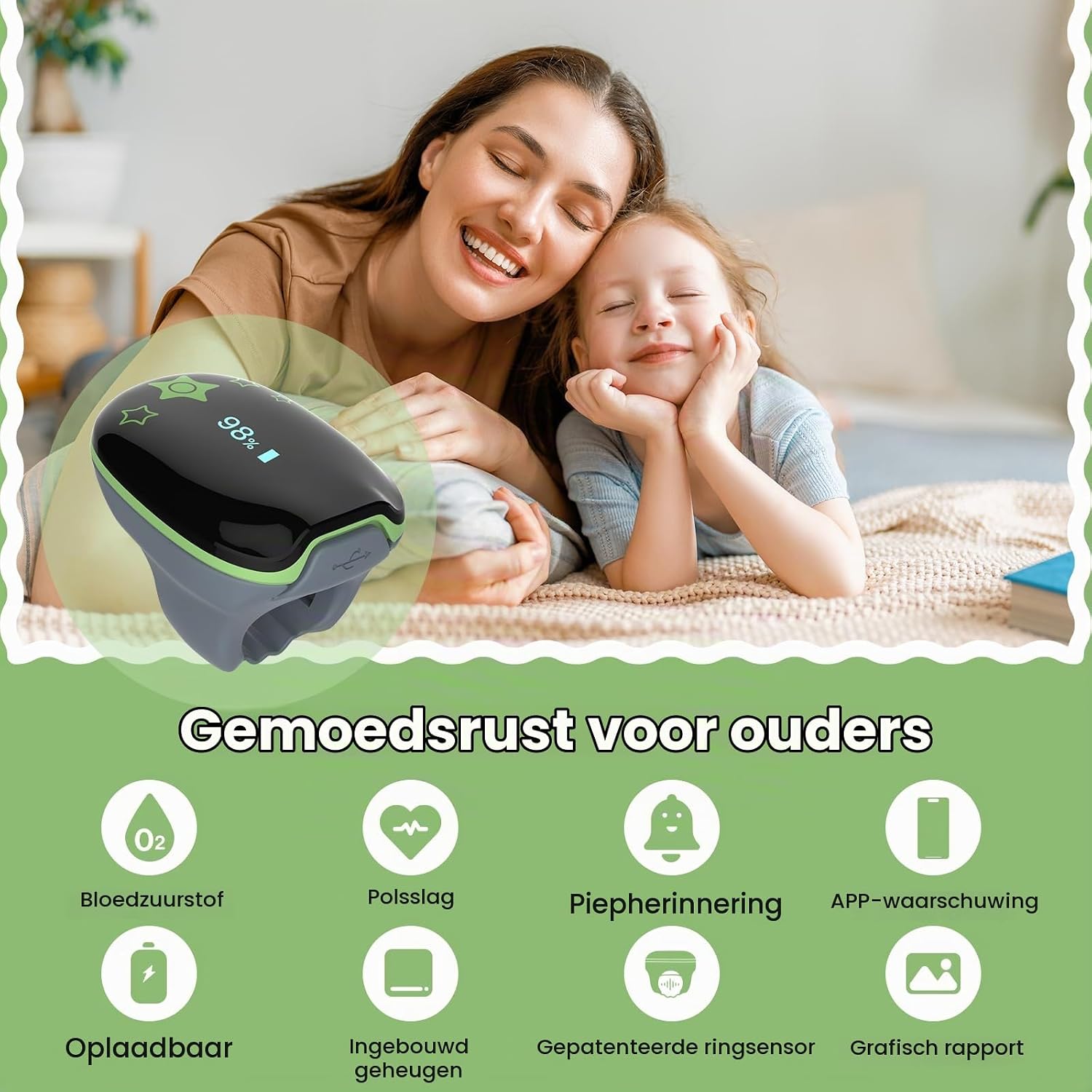 Detalle 2 de KidsO2 kinder-pulsoximeter met zachte vingerringsensor en Bluetooth-app