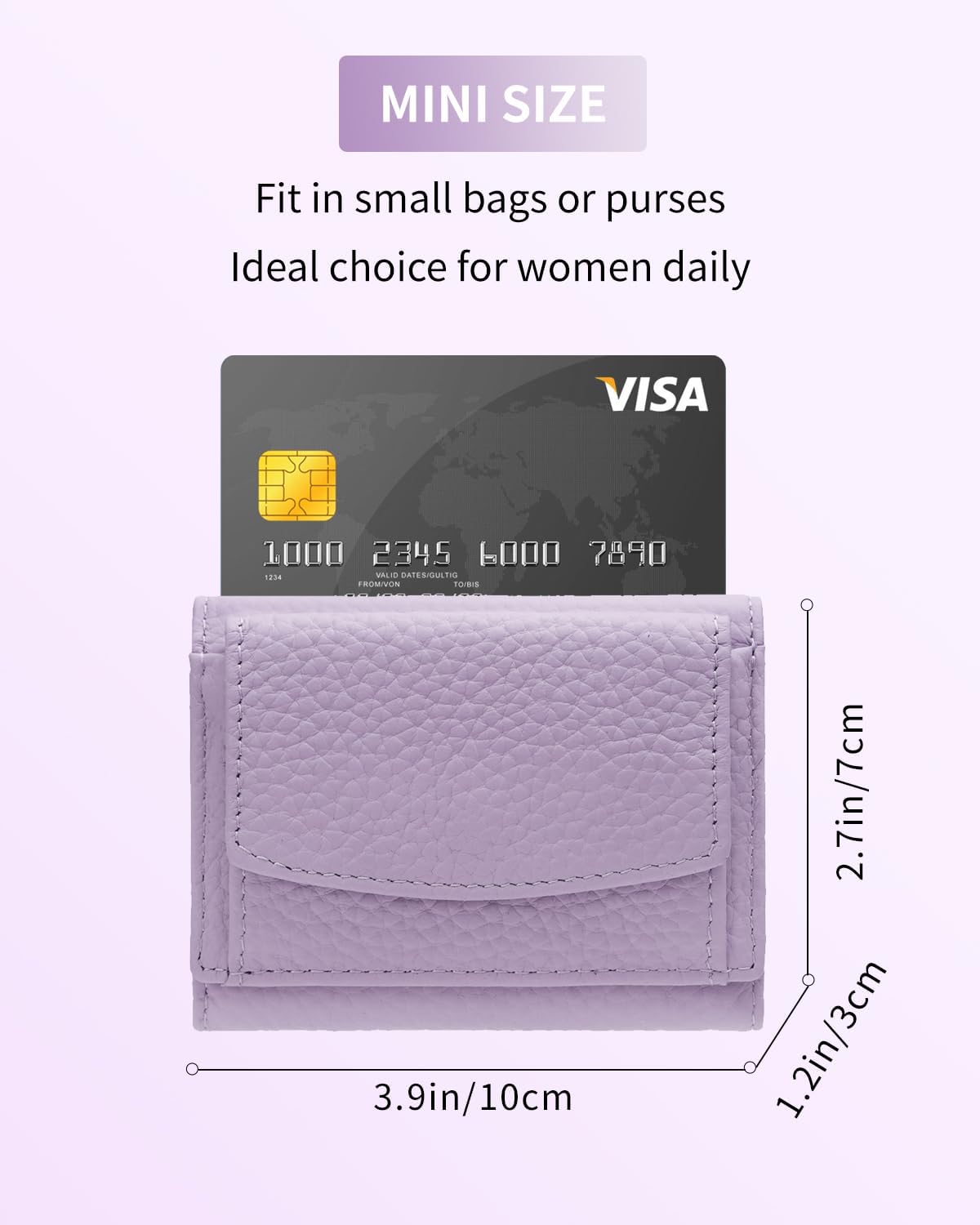 Detalle de Karmiir Piccolo portafoglio in pelle RFID da donna – mini portafoglio tre ante, viola chiaro