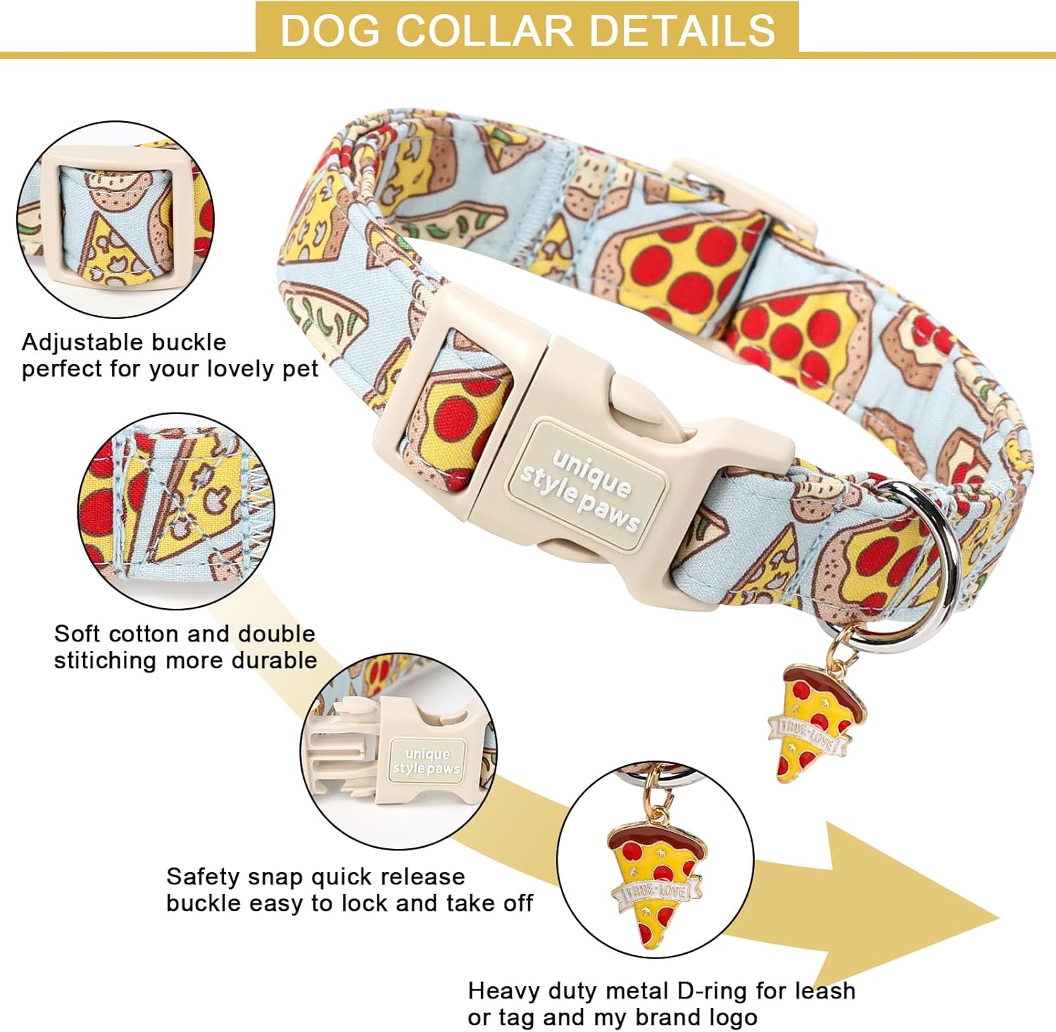 Detalle de Unique Style Pizza-Halsband aus Baumwolle – verstellbares Pfoten-Design Halsband mit Schnellverschluss
