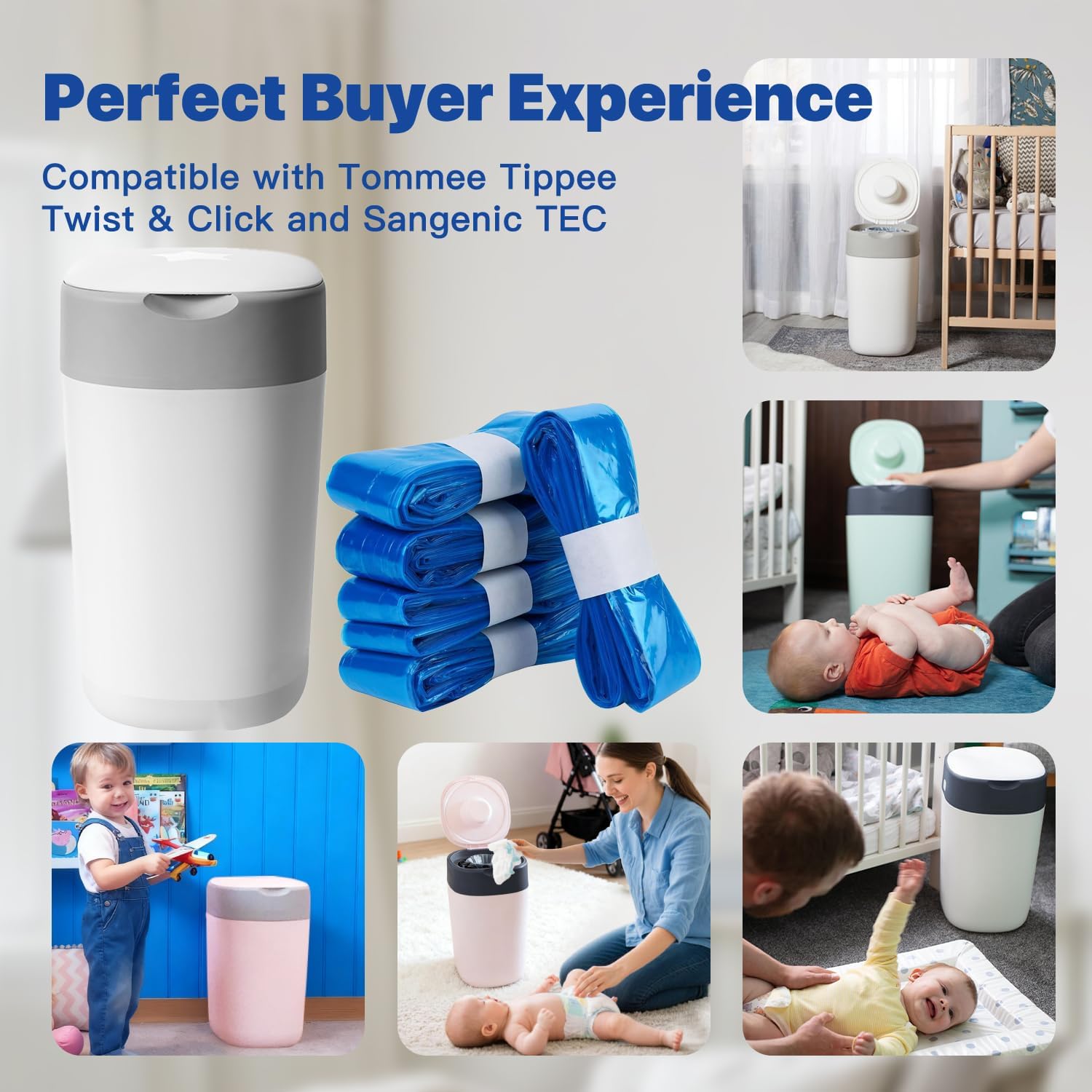 Thumbnail 5 de Nappy Bin Refills, 7.5m Extra-Long Diaper Pail Bags – 8 Pack (Compatible with Tommee Tippee Twist & Click and Sangenic TEC Bins)