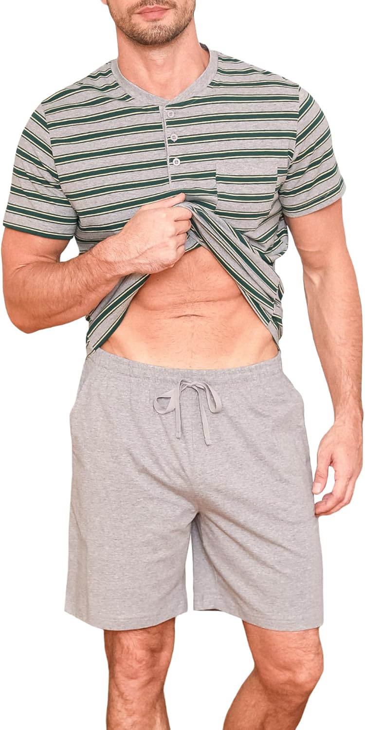 Detalle 2 de Winovia Herren Schlafanzug Kurz Baumwolle – Streifen-Design, Sommerpyjama mit Knopfleiste