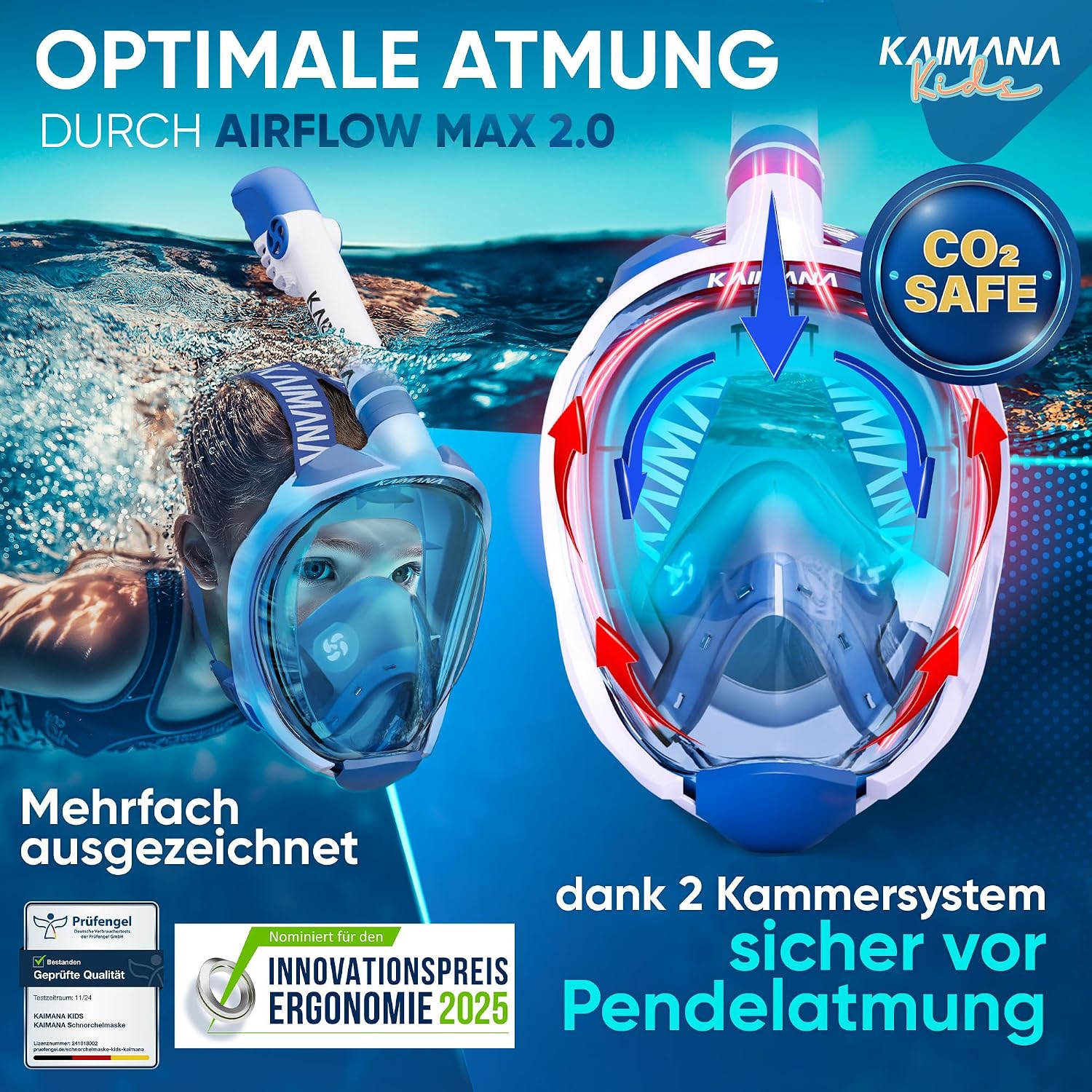 Detalle 2 de KAIMANA Schnorchelmaske Kinder – Vollgesichtsmaske inkl. Tragetasche, CO2-sicher (3–12 Jahre)