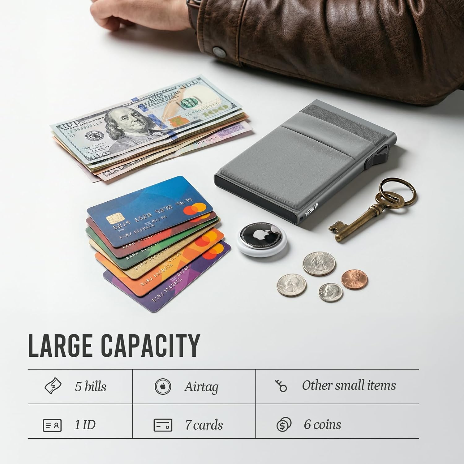 Thumbnail 3 de YESIIW minimalistische RFID-Brieftasche mit Pop-up Kartenhalter und Münzfach – schlankes Kartenetui für Herren (Grau)